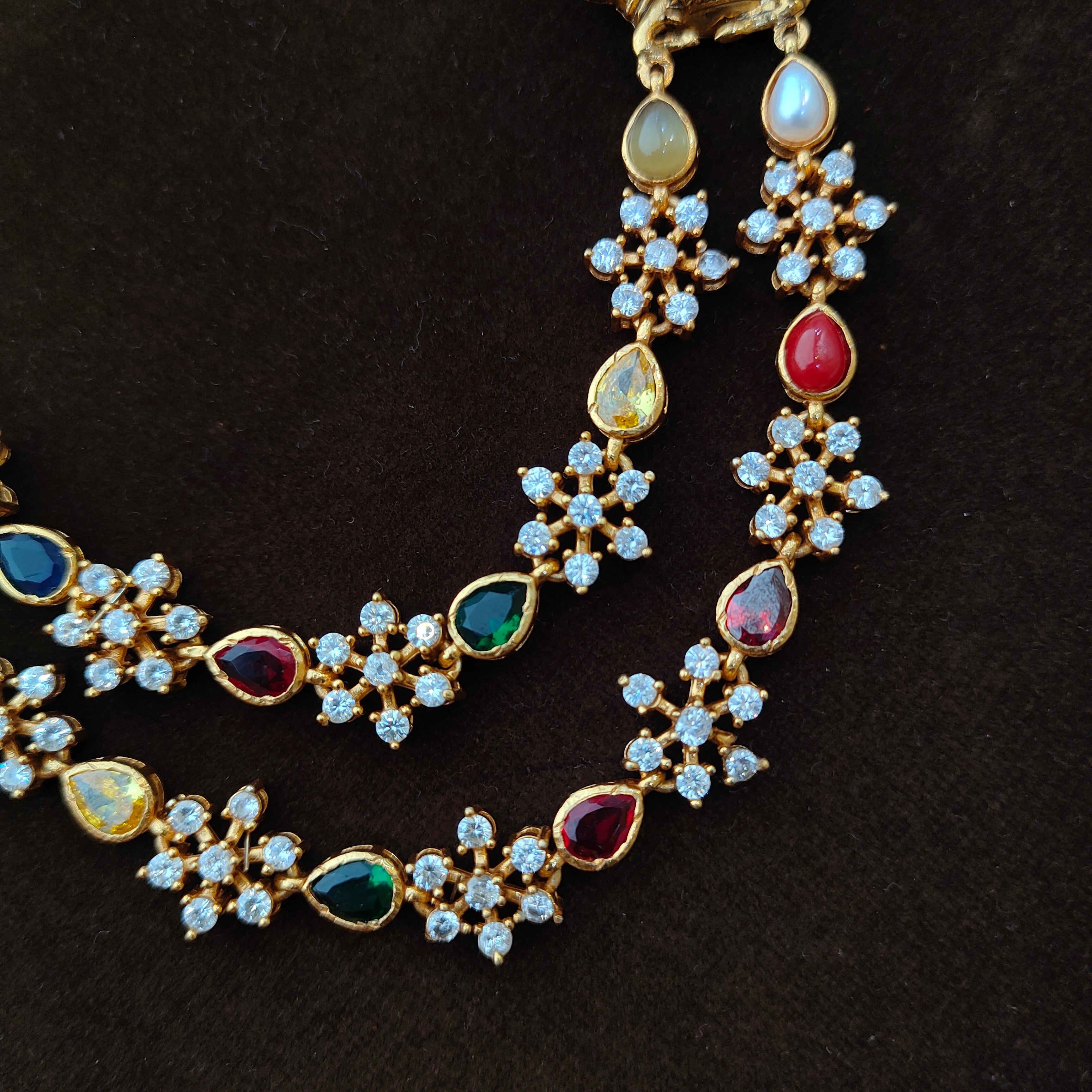 925 Silver Krishna Radha Navaratna Necklace set- 1462