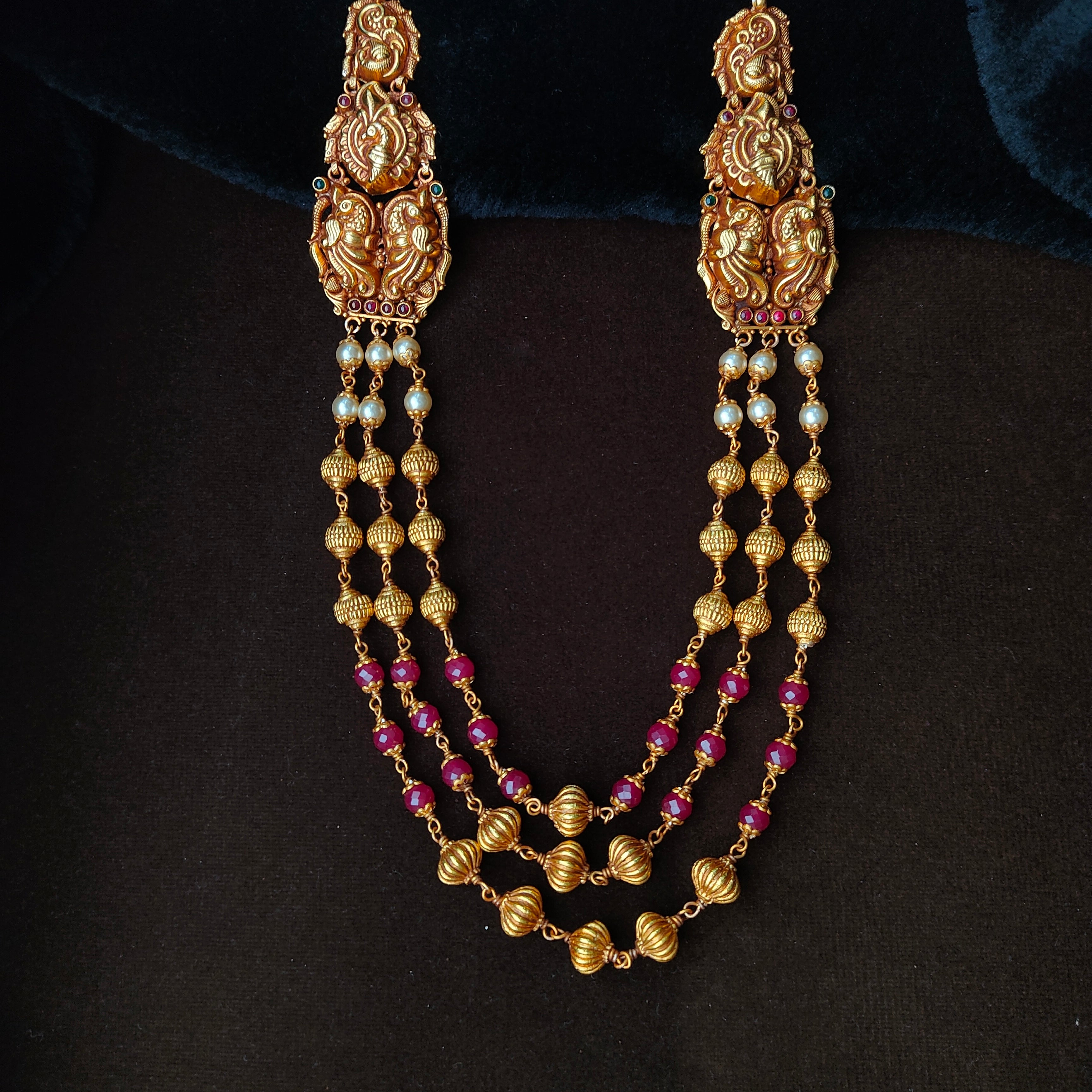 925 Silver Gold Plated Nakshi Short Haram -0043