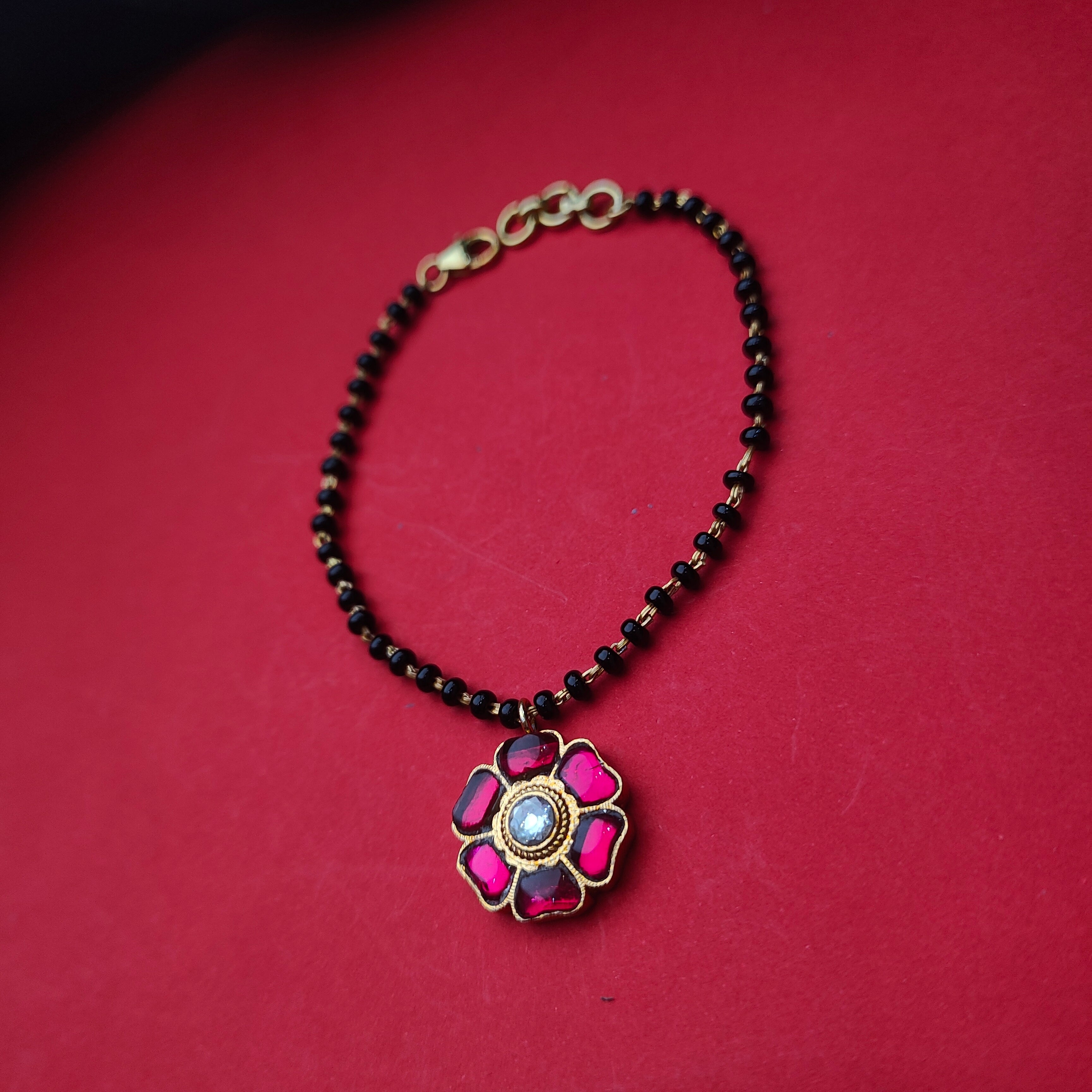 925 Silver Black bead Kundan Floral Bracelet -5719