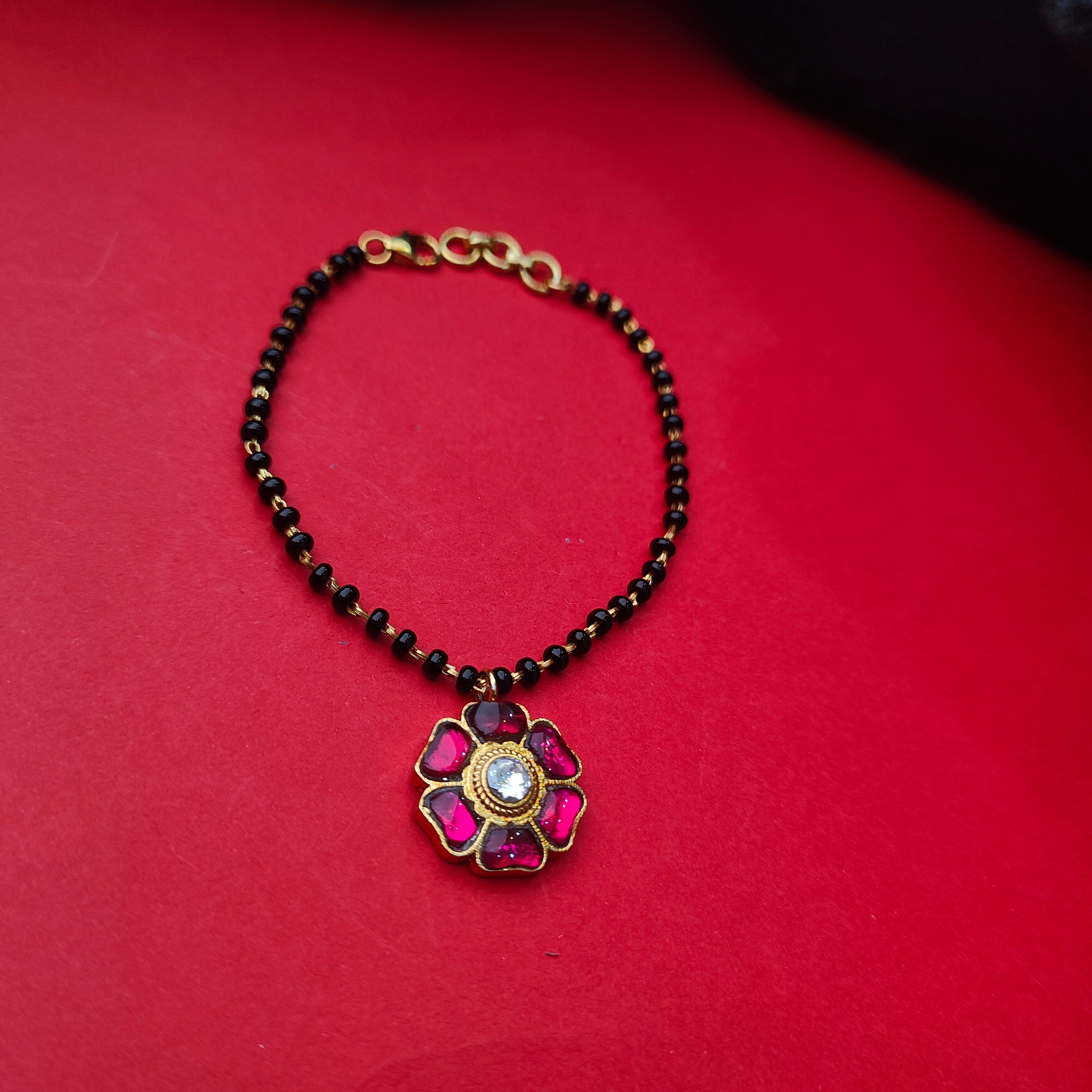 925 Silver Black bead Kundan Floral Bracelet -5719