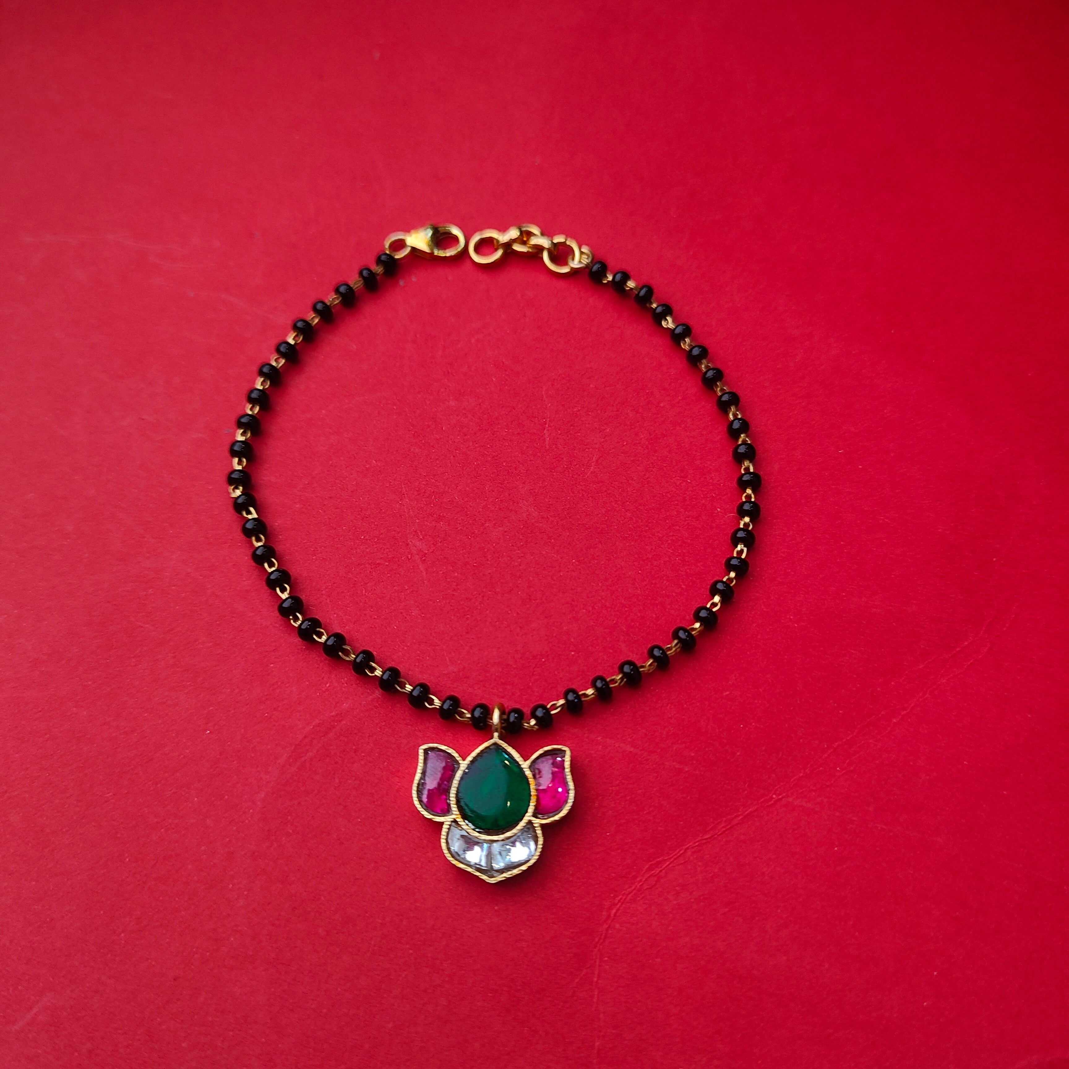 925 Silver Black bead Kundan Lotus Bracelet -5718