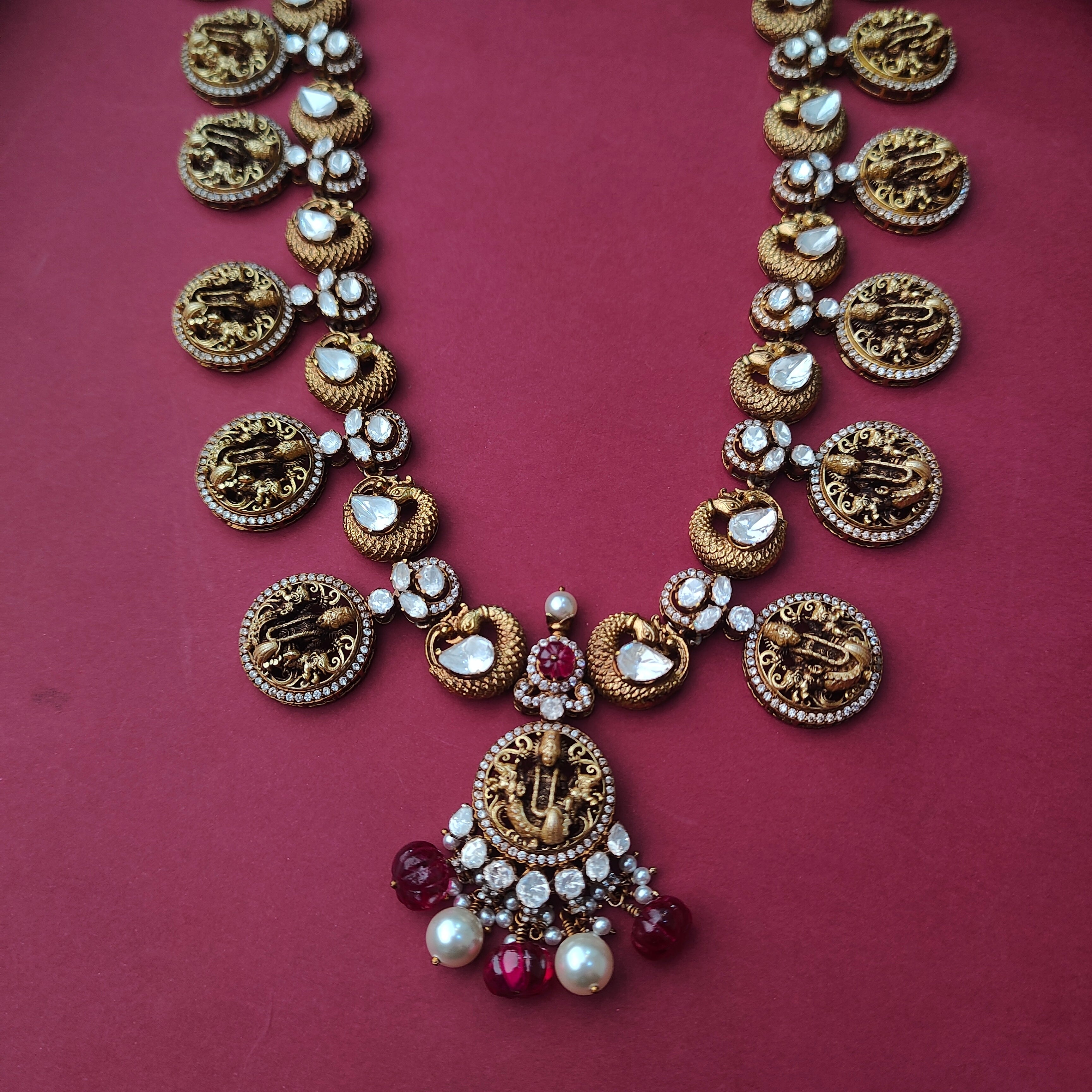 925 Silver Victorian Polki Nakshi Haram  -5116