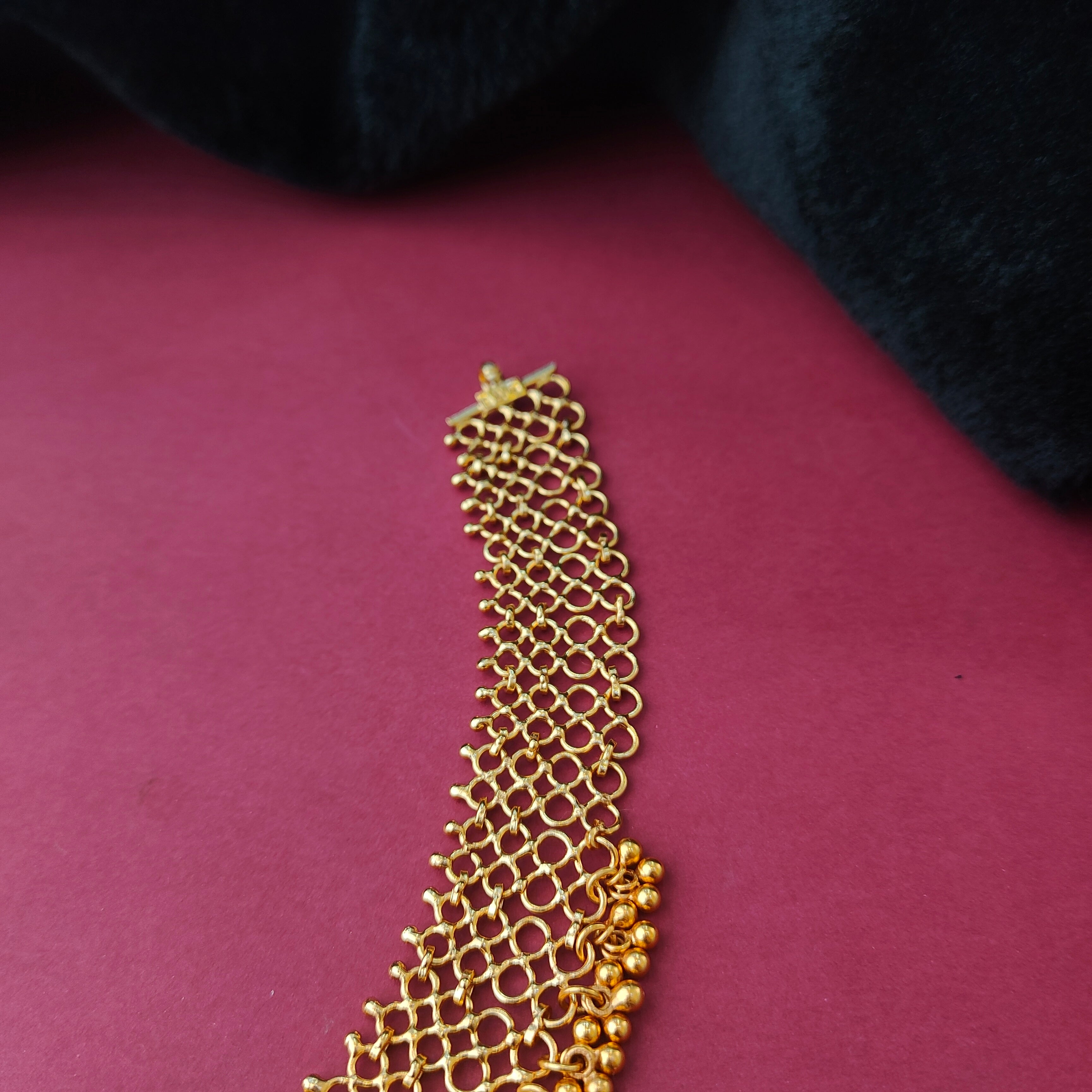 925 Silver Gold Plated Navaratna Mesh Necklace -0042