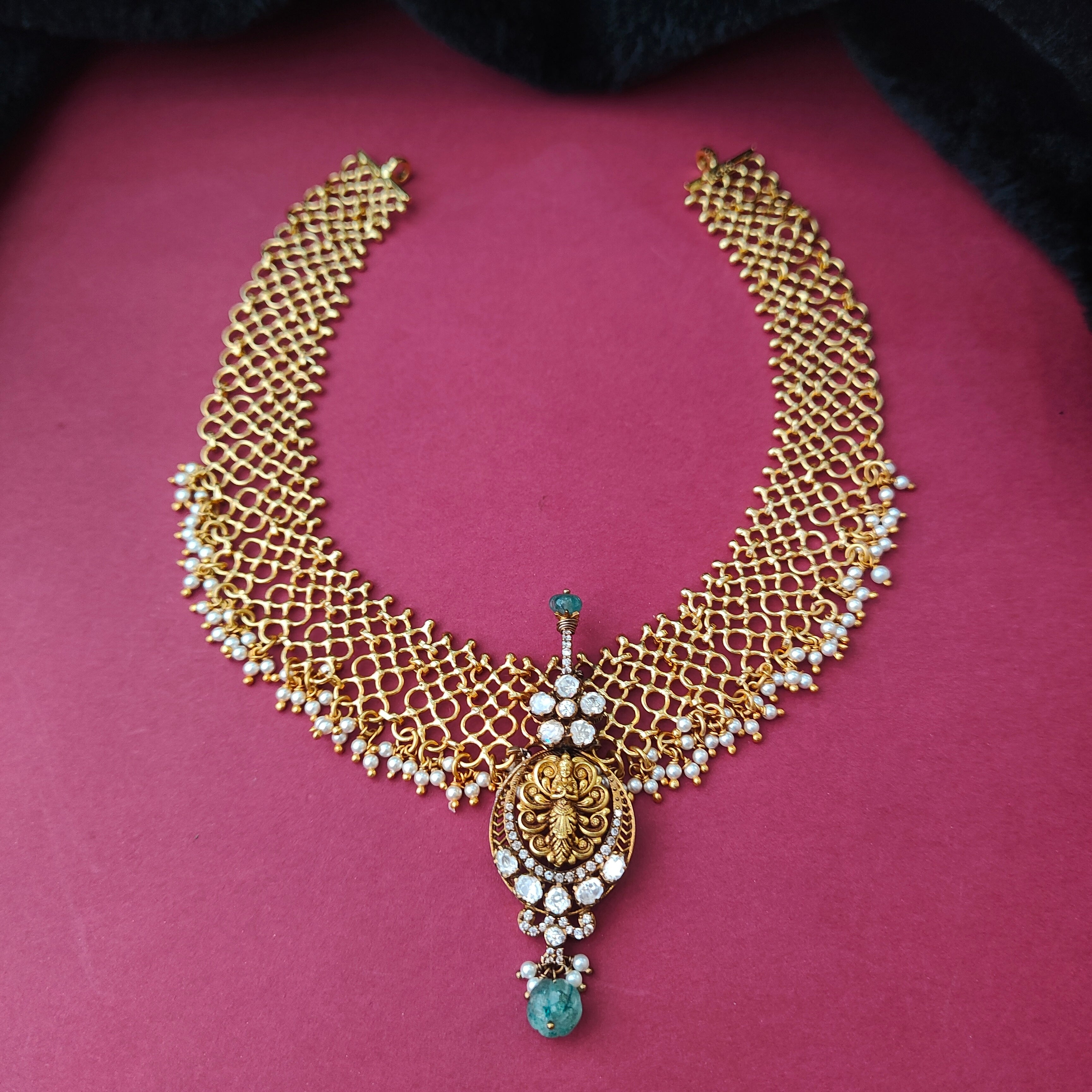 925 Silver Gold Plated Lakshmi Mesh Necklace -0038