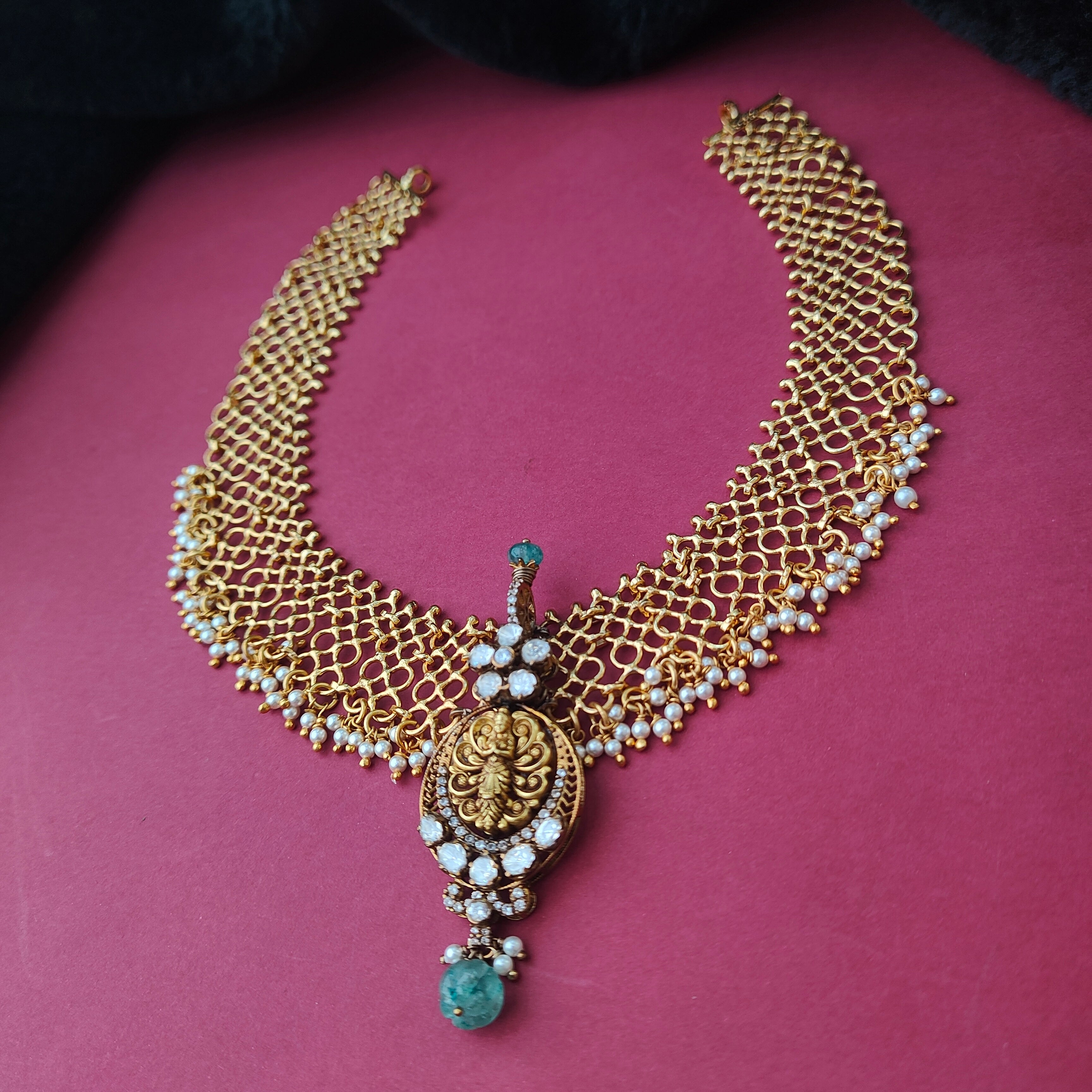 925 Silver Gold Plated Lakshmi Mesh Necklace -0038