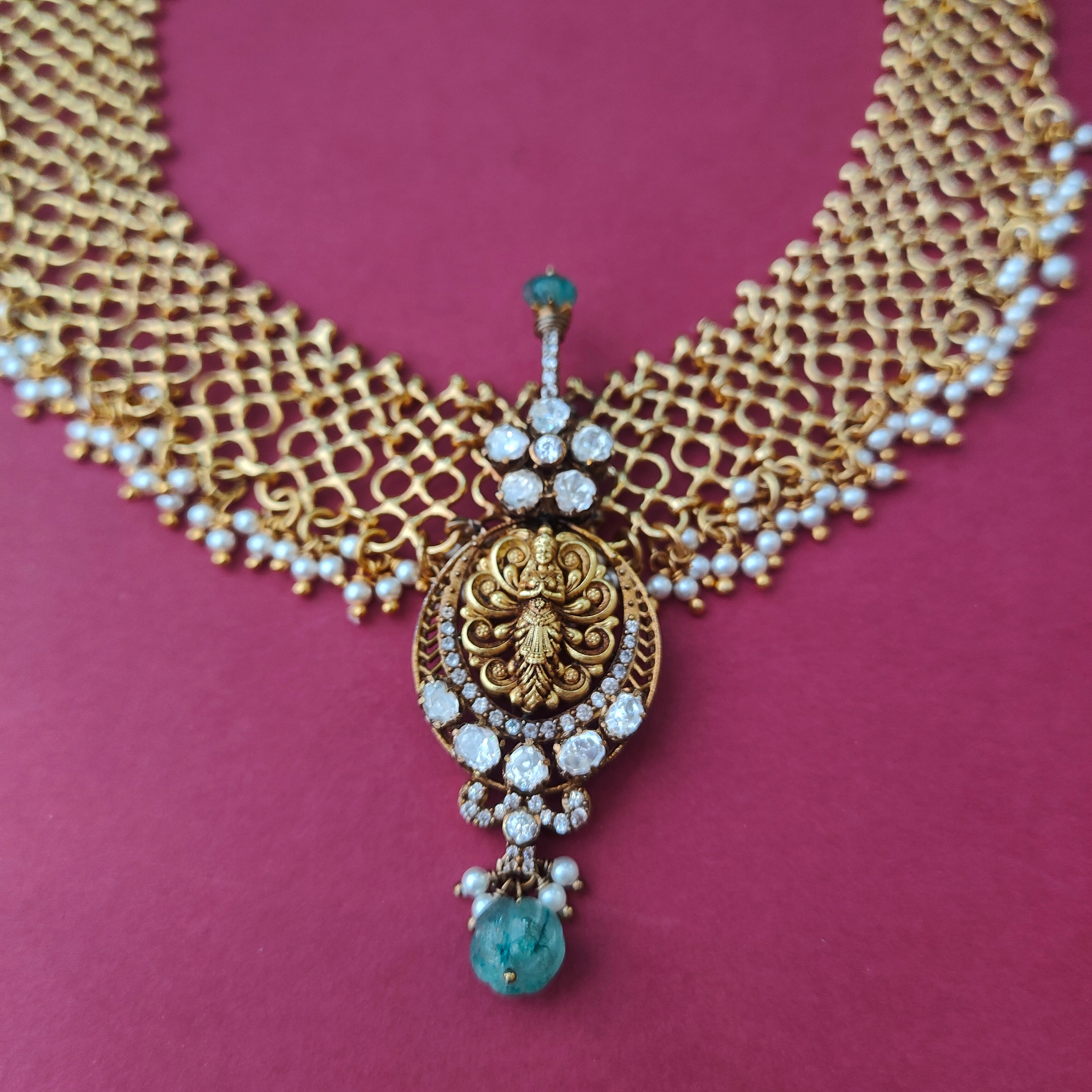 925 Silver Gold Plated Lakshmi Mesh Necklace -0038
