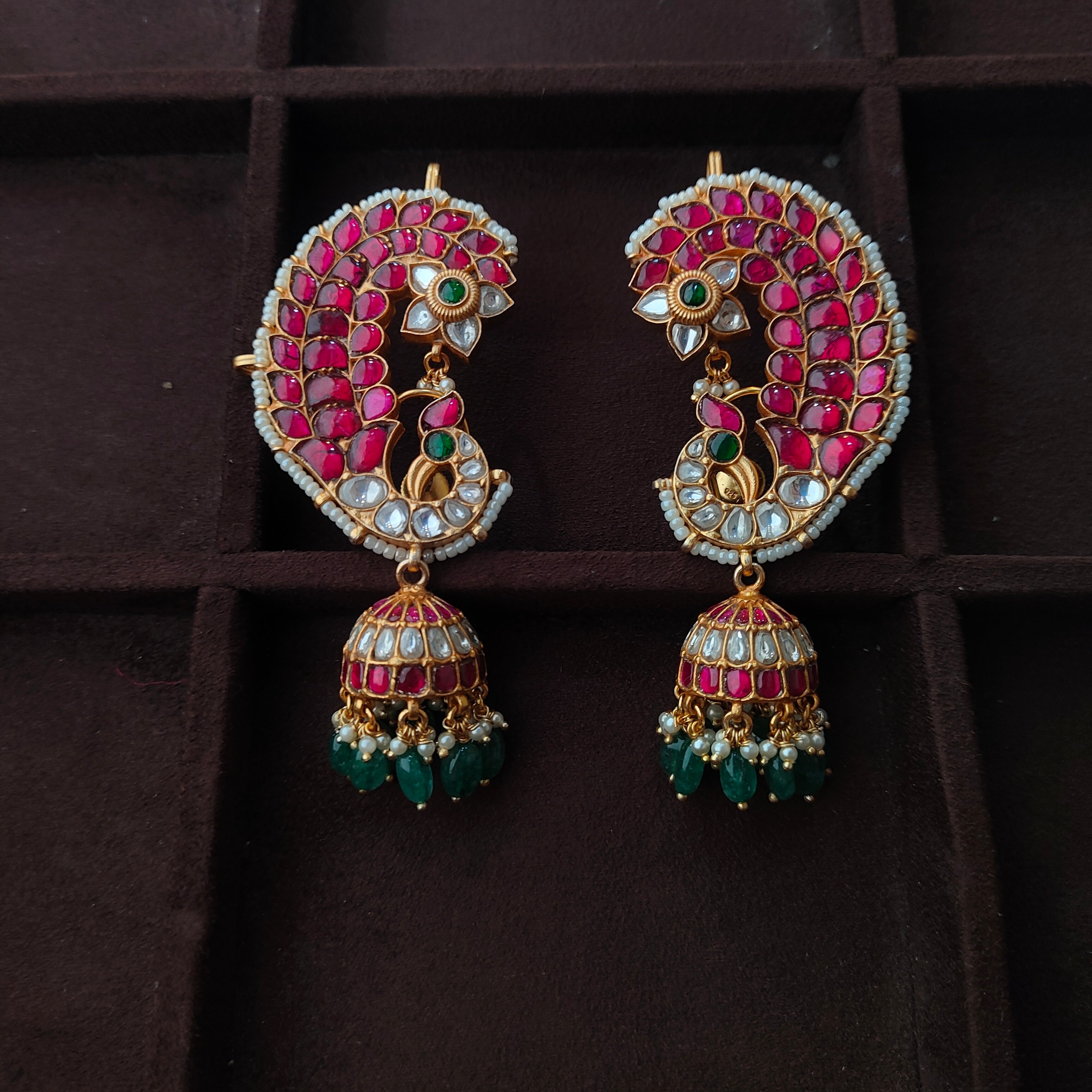 925 Silver Kundan Peacock Earcuff Jhumka - 0043