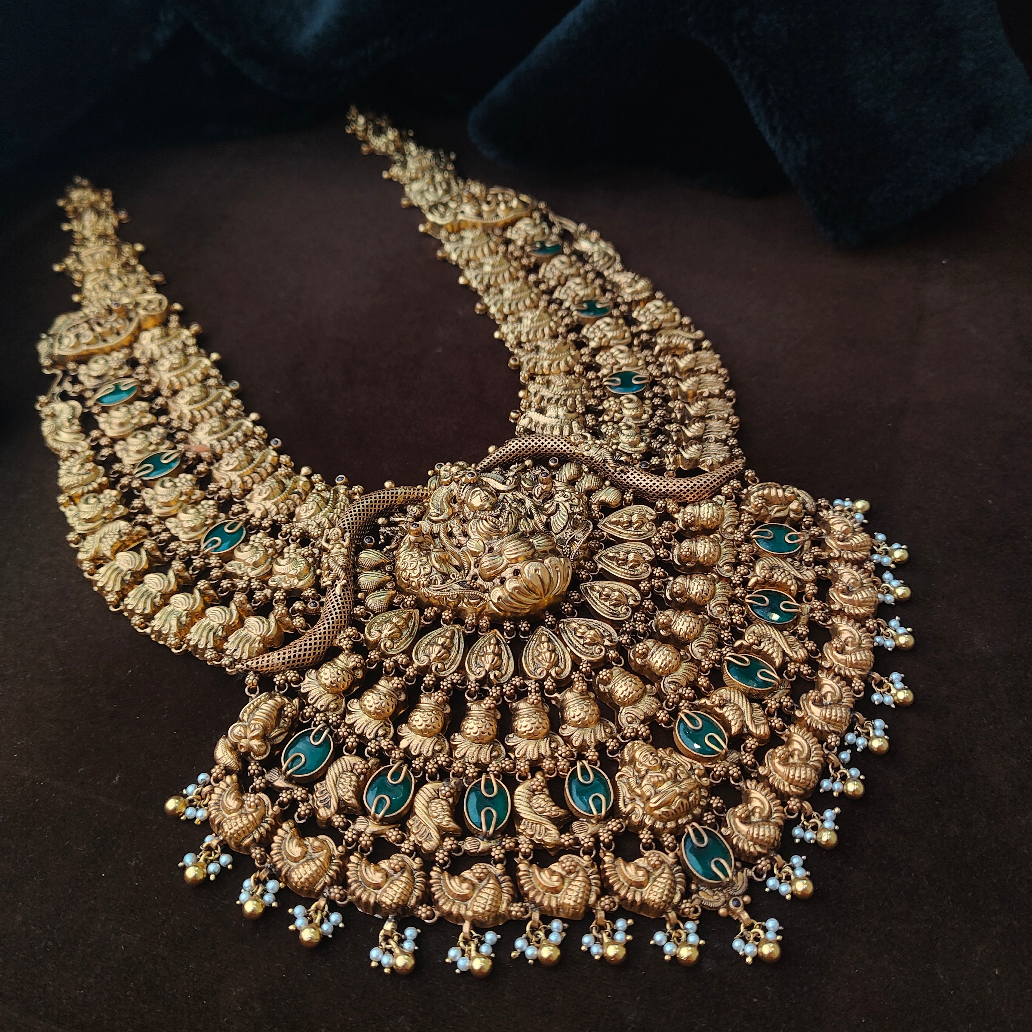 925 Silver Gold Plated Nakshi Bridal Haram-0065