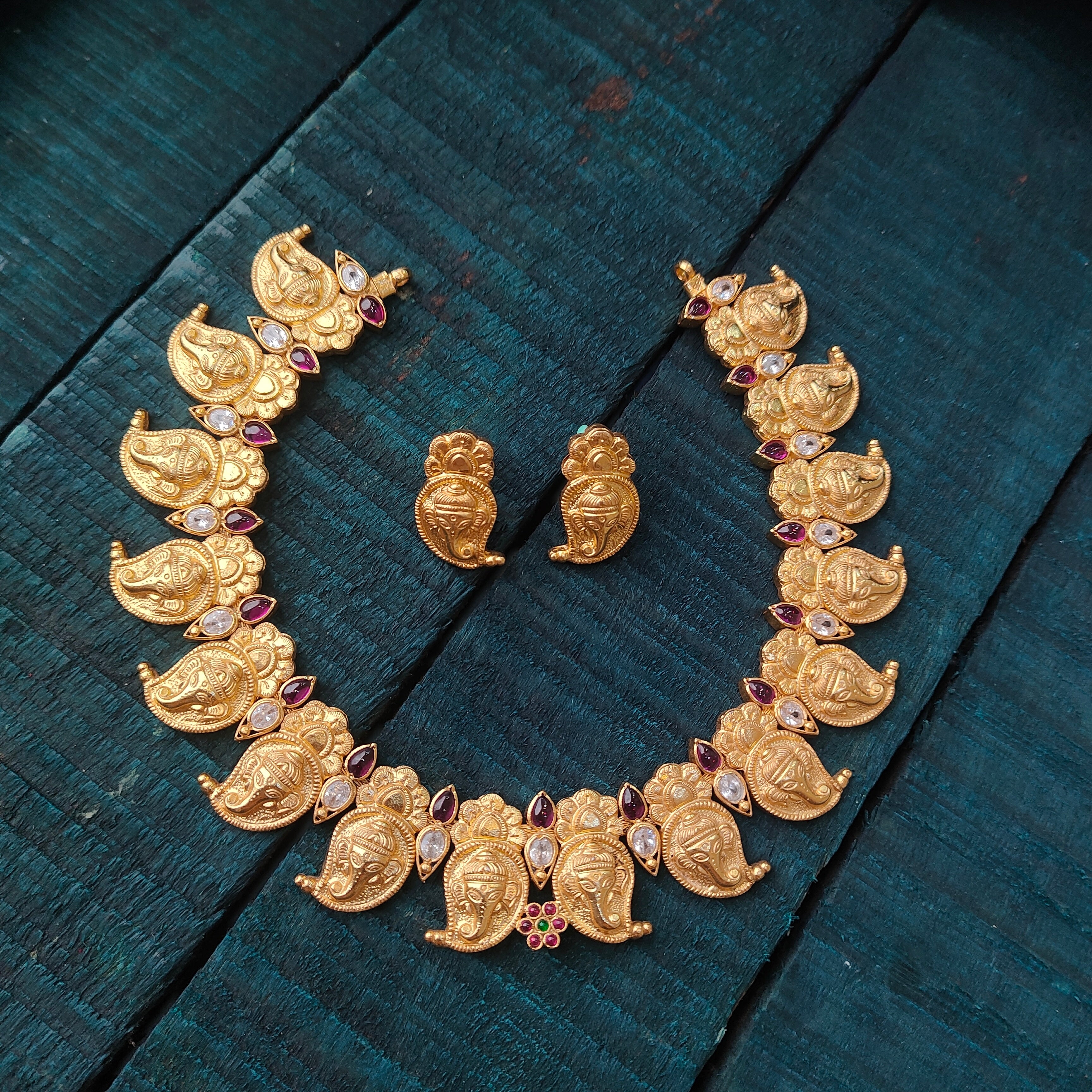 Pure 925 Silver Gold Plated Ganesh Necklace Set -6483