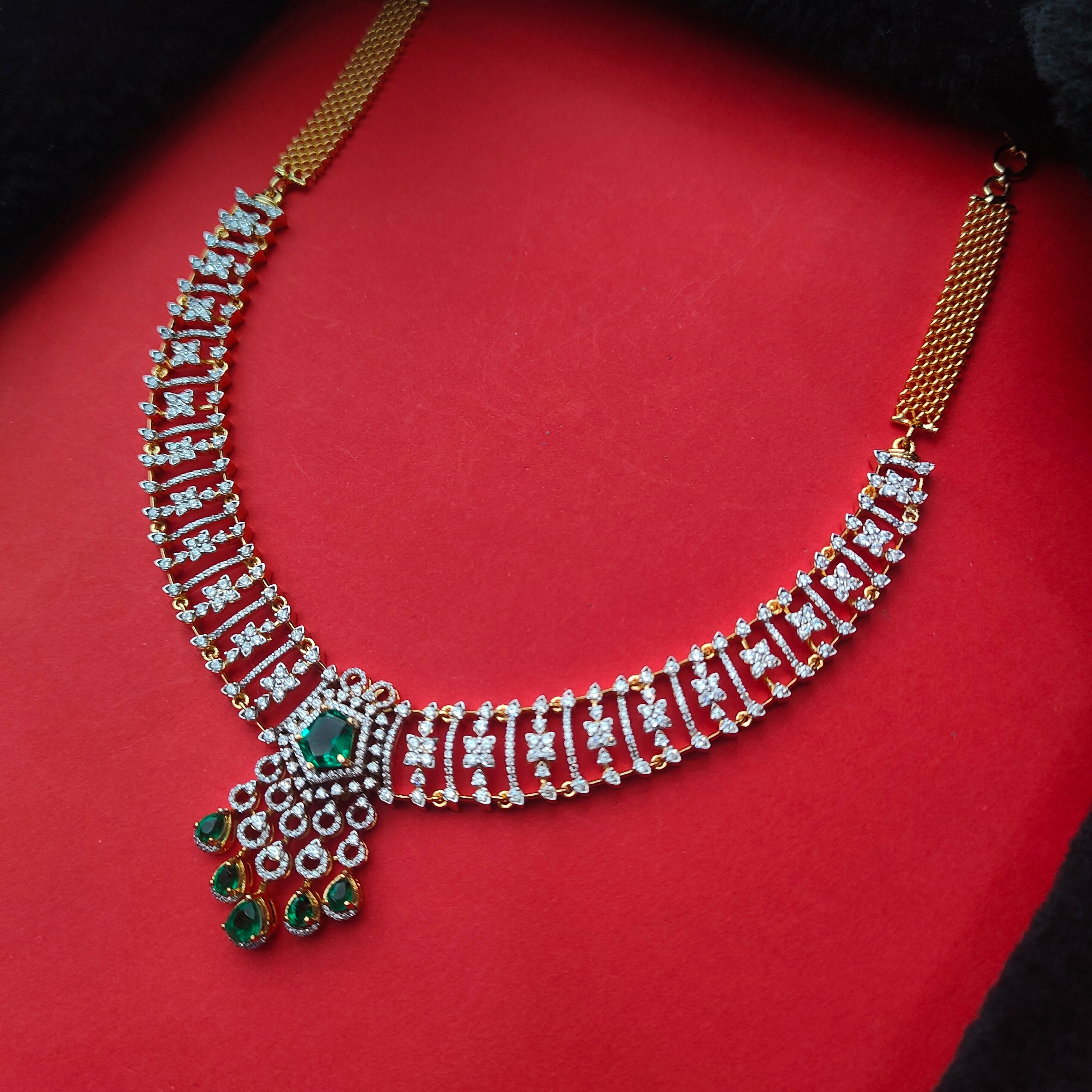 925 Silver Gold Plated Emerald Stone Necklace With Earrings -0200