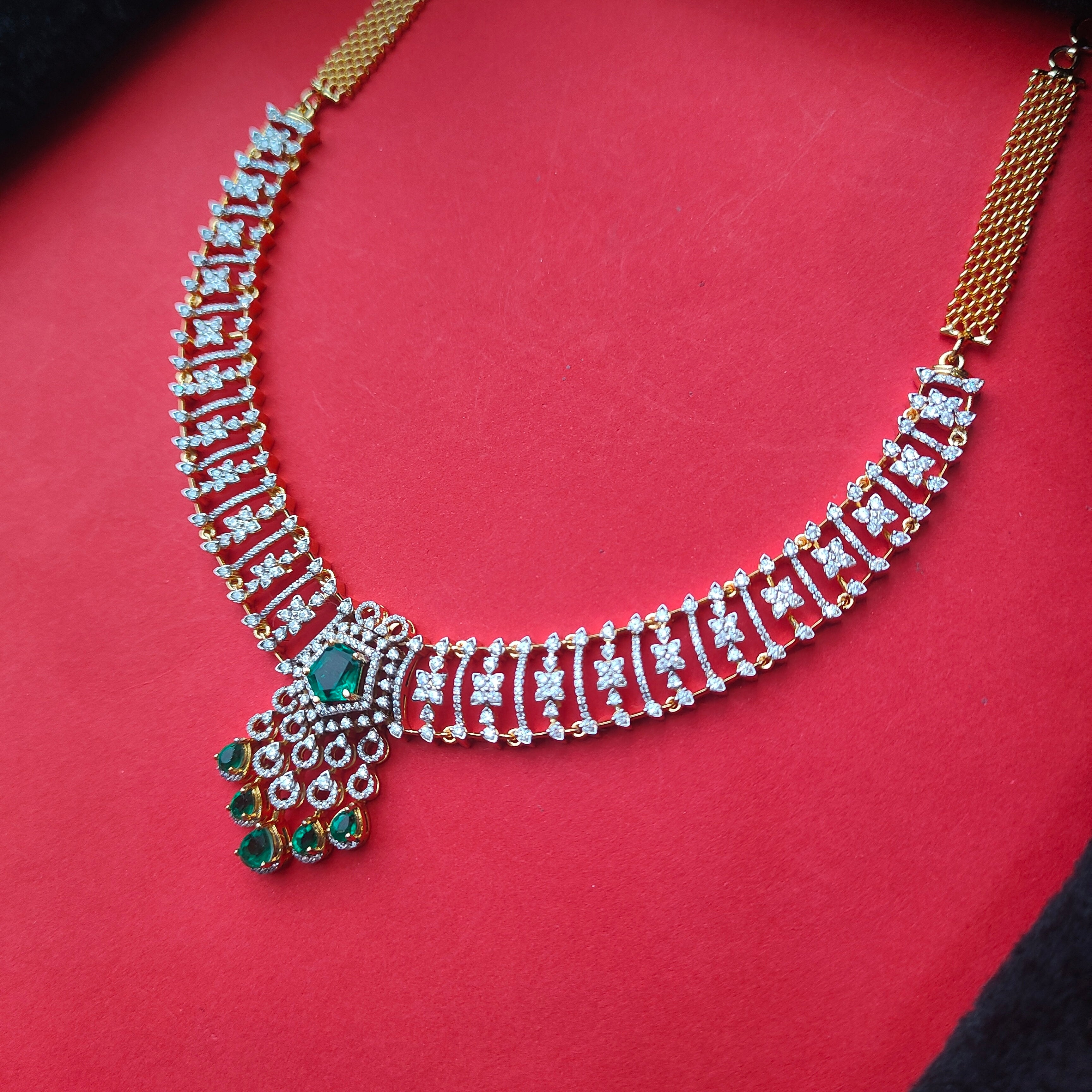 925 Silver Gold Plated Emerald Stone Necklace With Earrings -0200