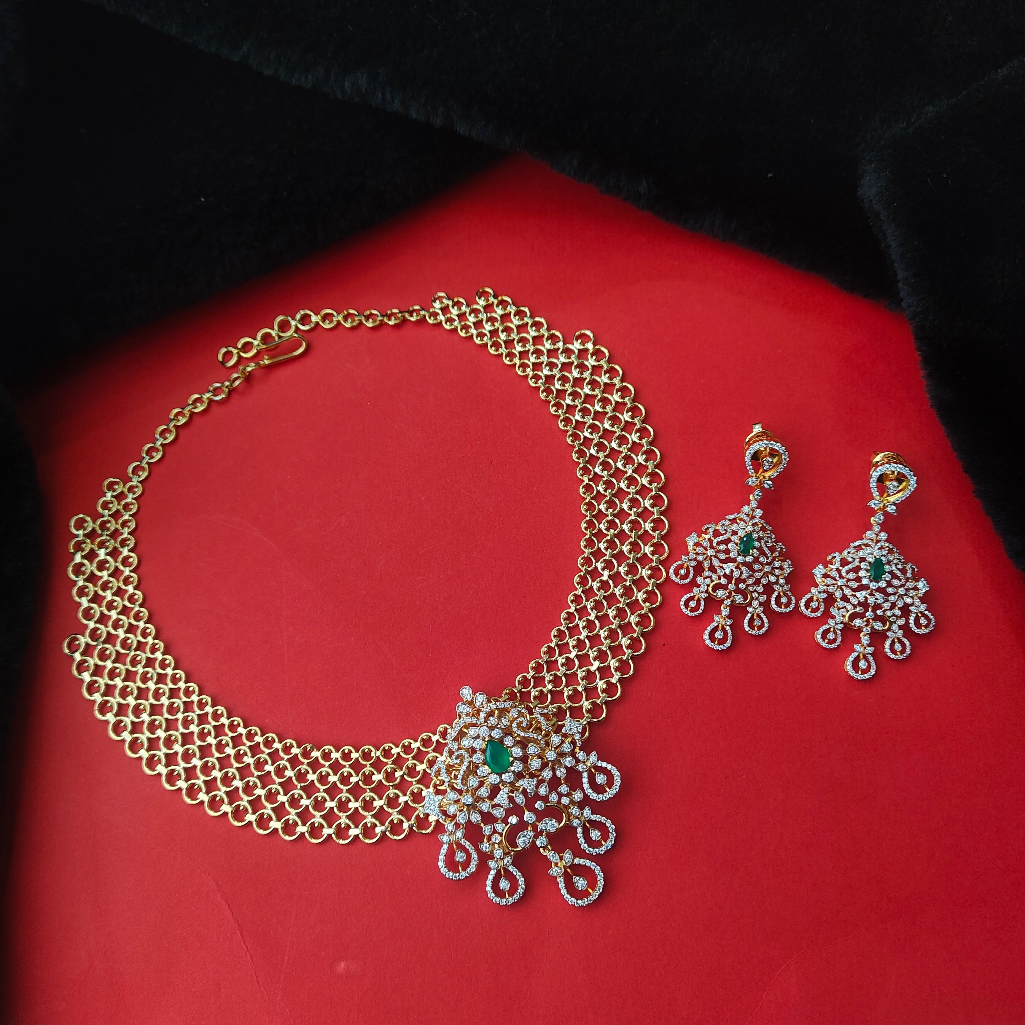 925 Silver Gold Plated  Mesh Necklace With Earrings -0199