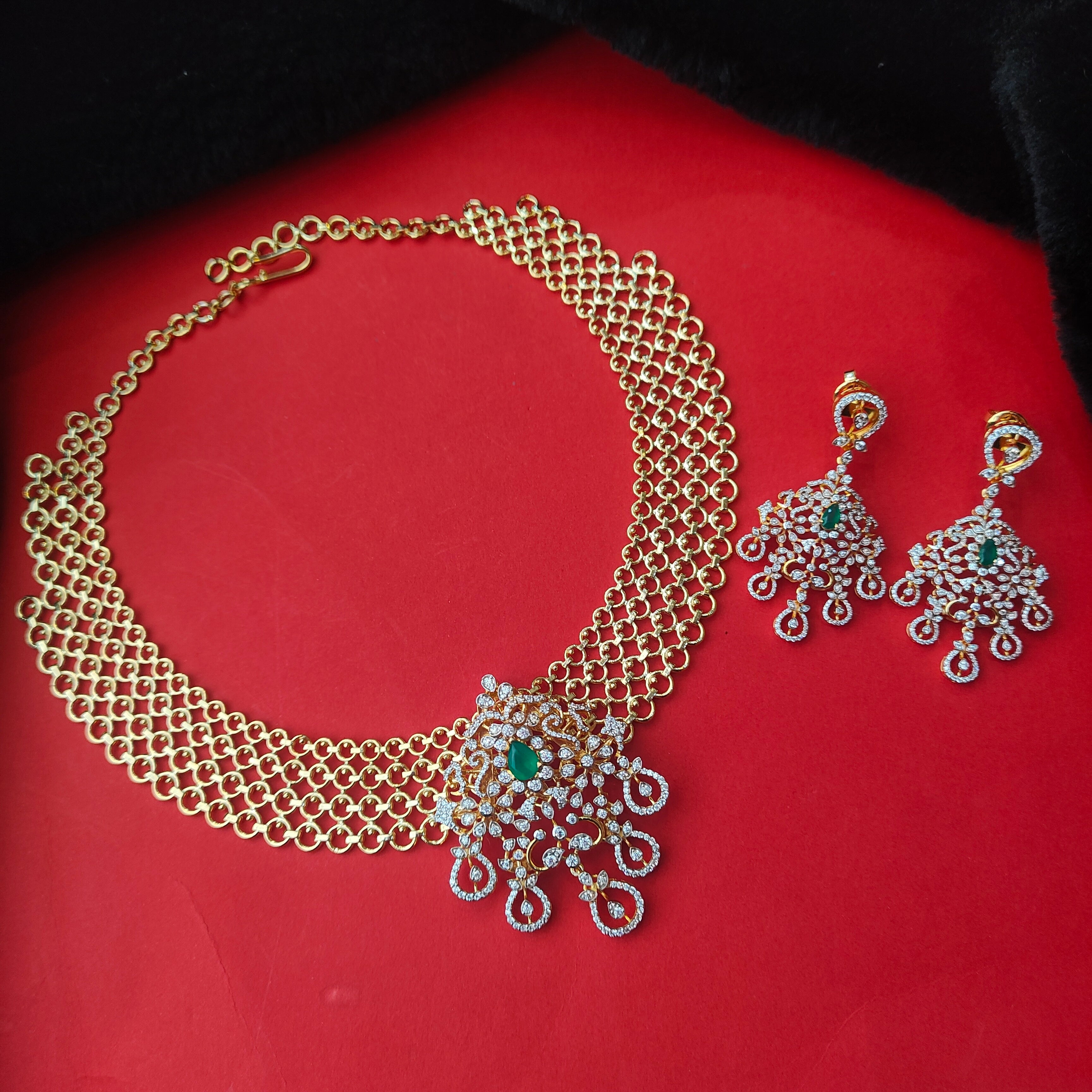 925 Silver Gold Plated  Mesh Necklace With Earrings -0199
