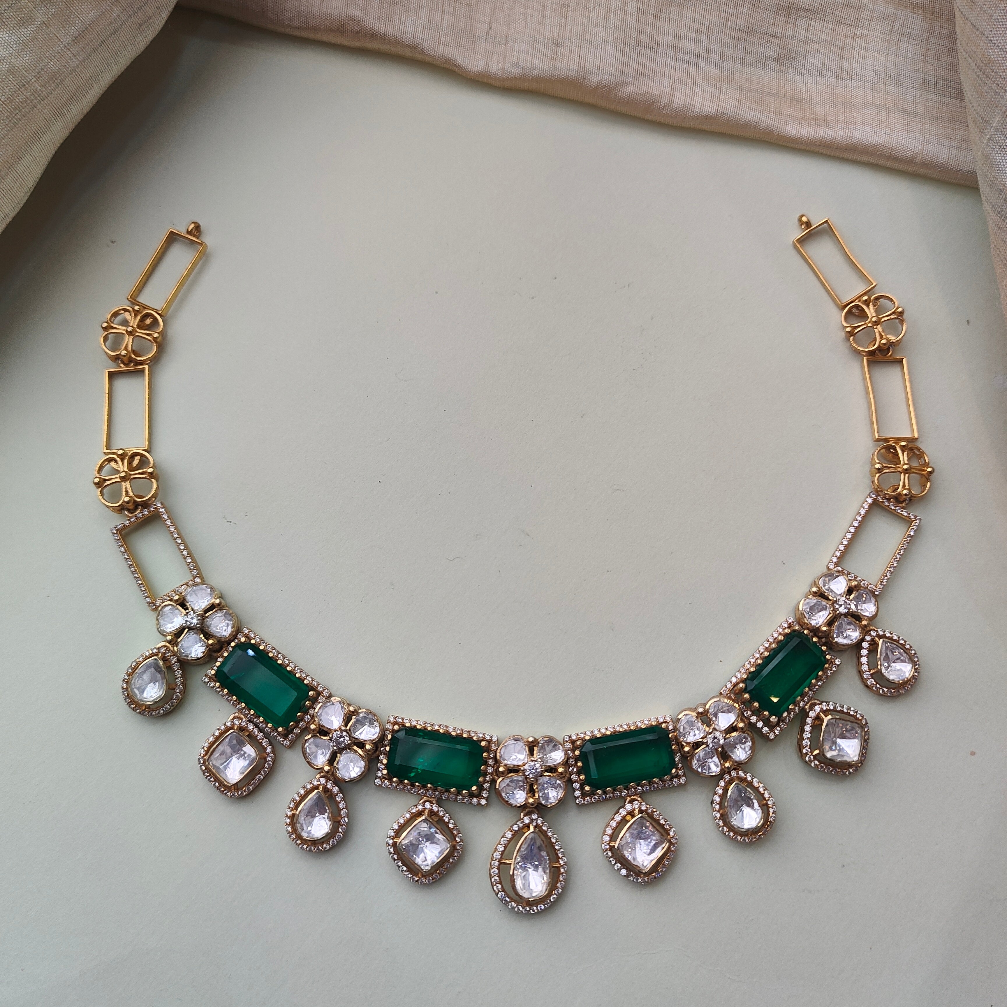 925 Silver Victorian Emerald Necklace With Earrings -0166