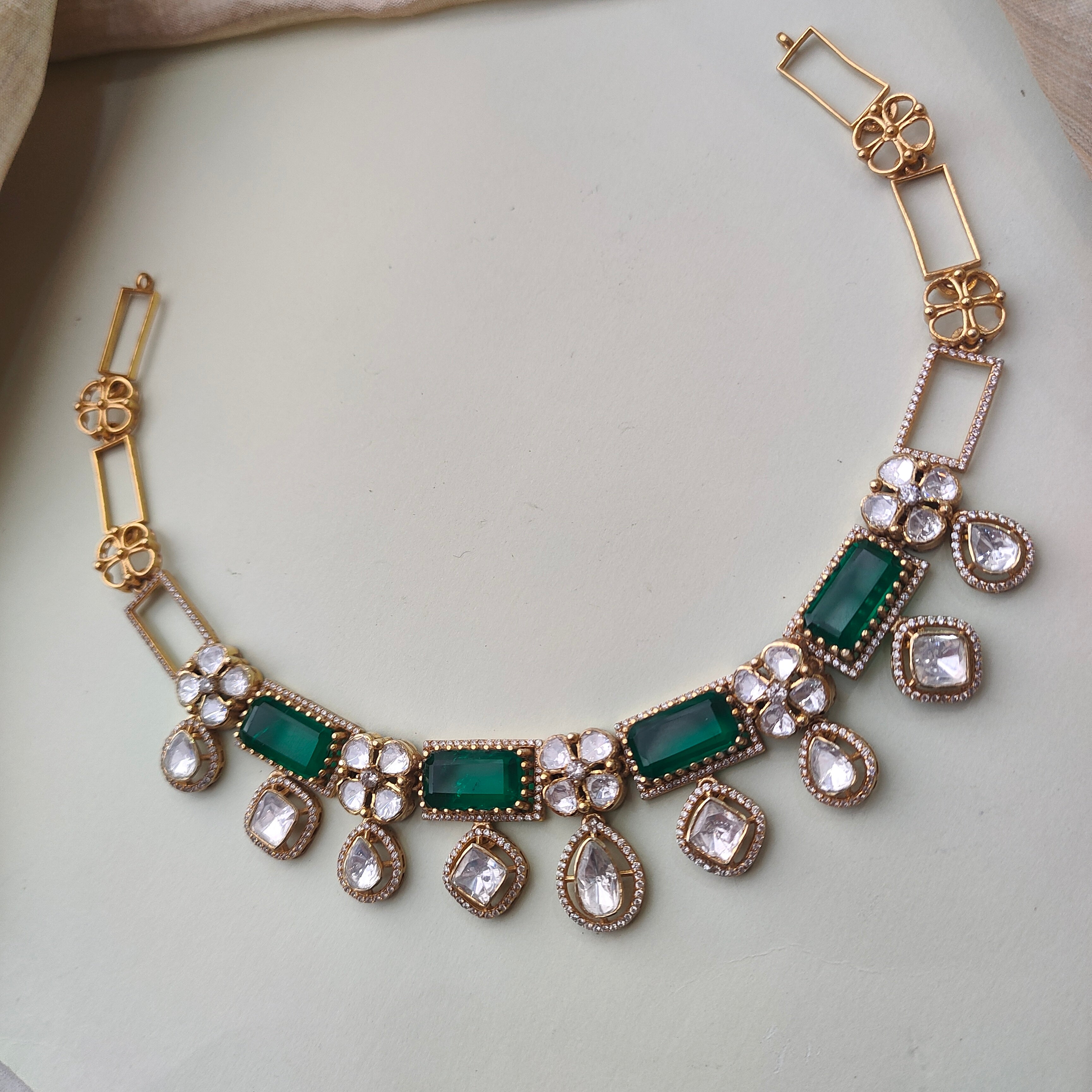 925 Silver Victorian Emerald Necklace With Earrings -0166