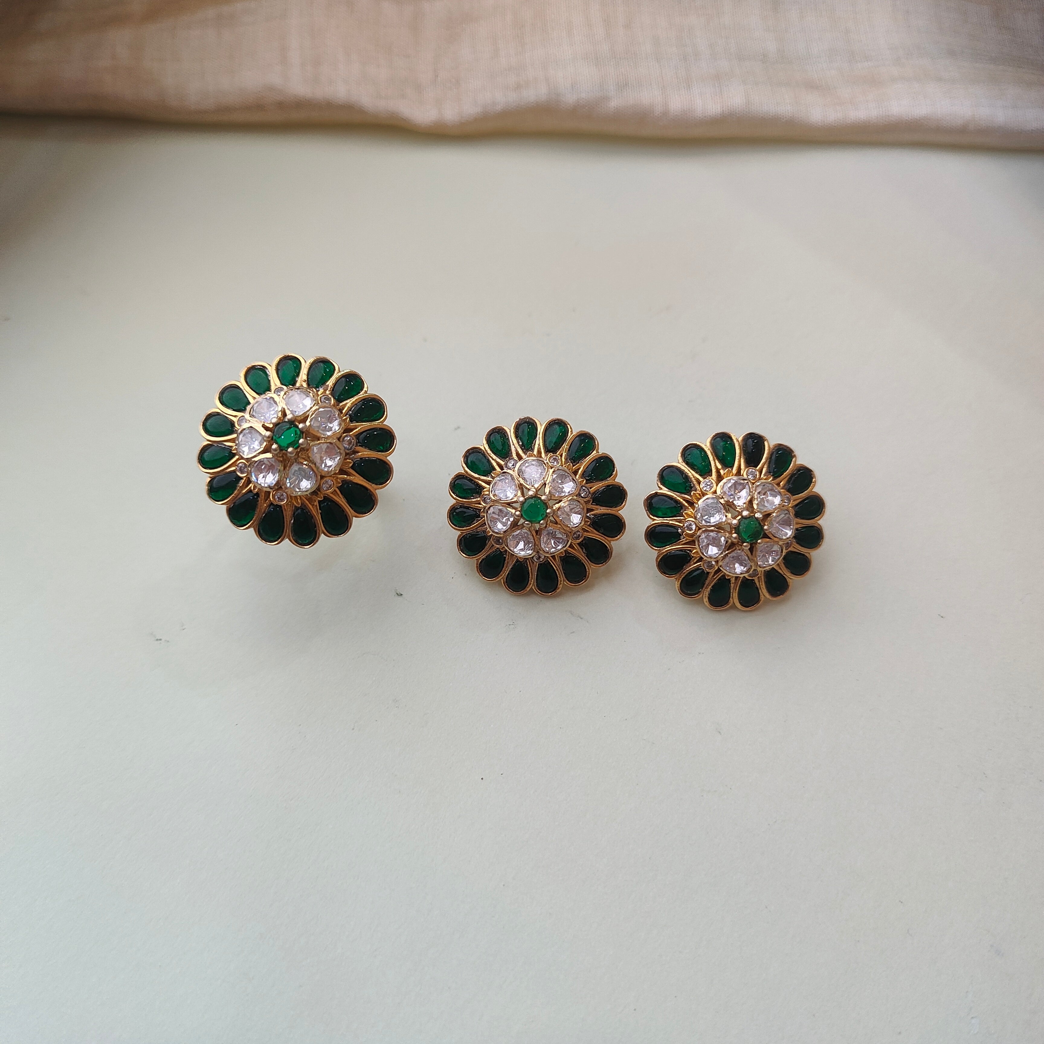 925 Silver Kundan Emerald Ear & Finger Ring-0160