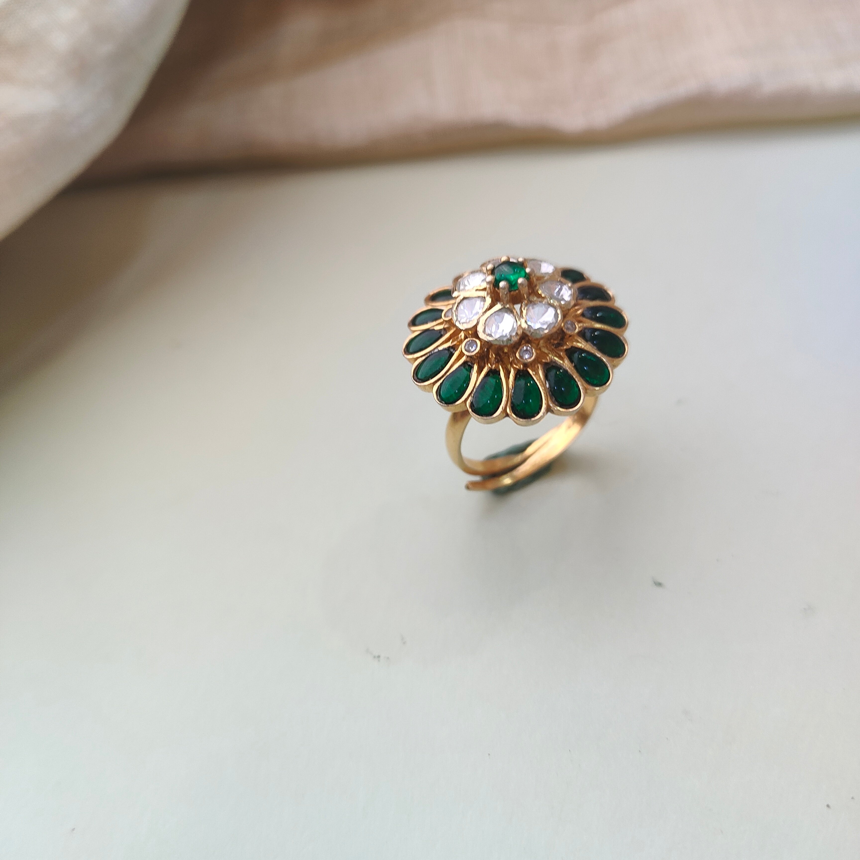 925 Silver Kundan Emerald Ear & Finger Ring-0160