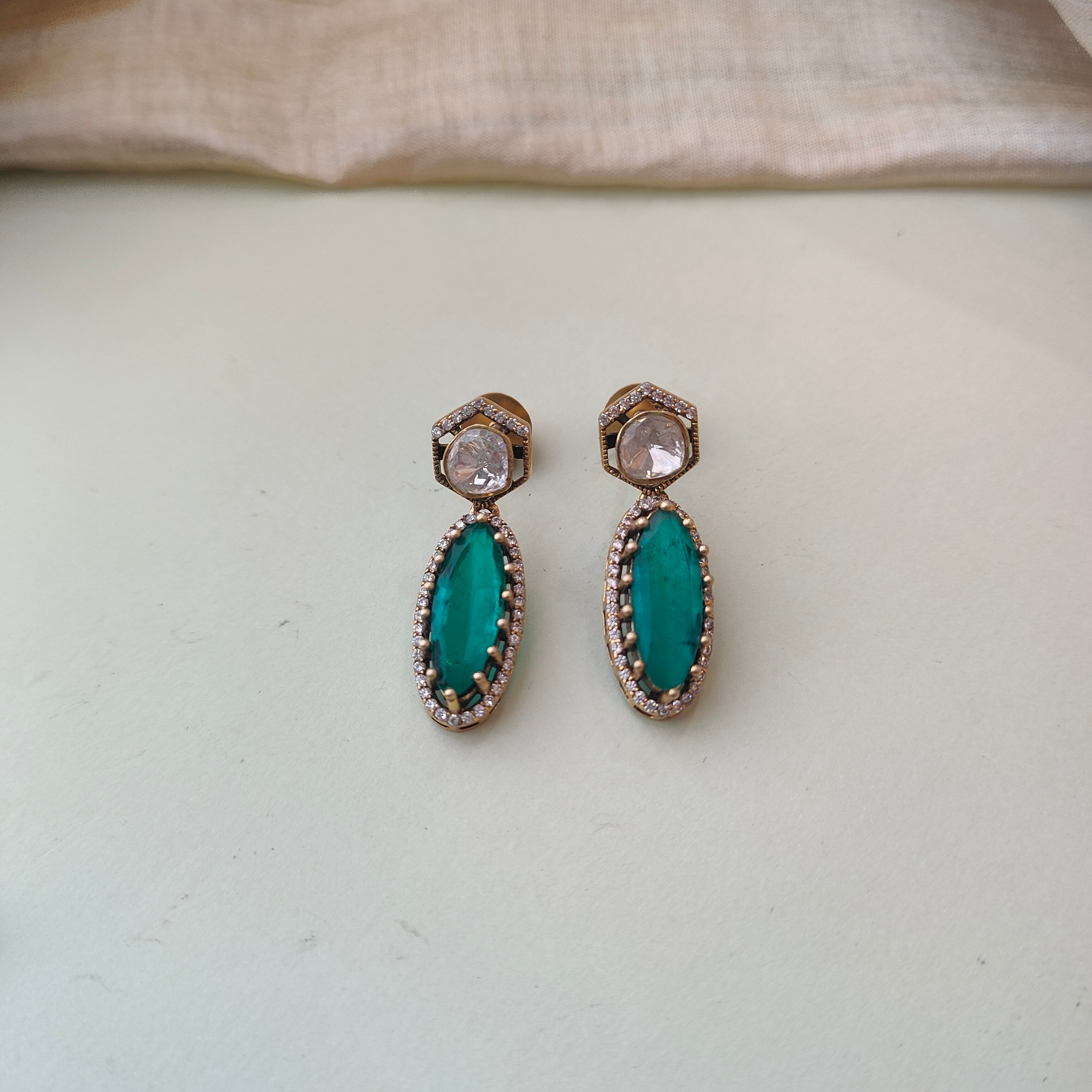 925 Silver Victorian Emerald Necklace With Earrings - 0157