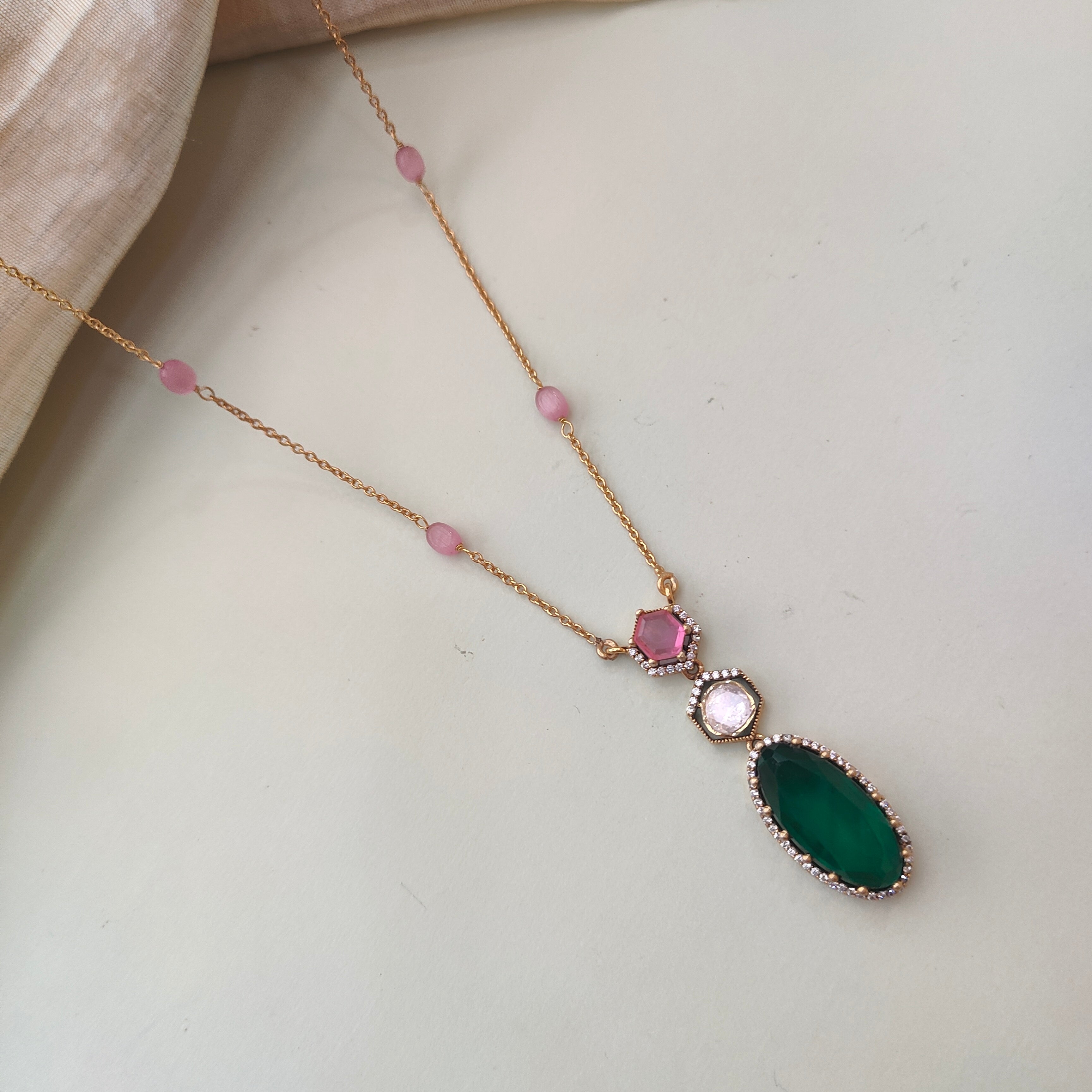 925 Silver Kundan Emerald Necklace With Earrings -0163