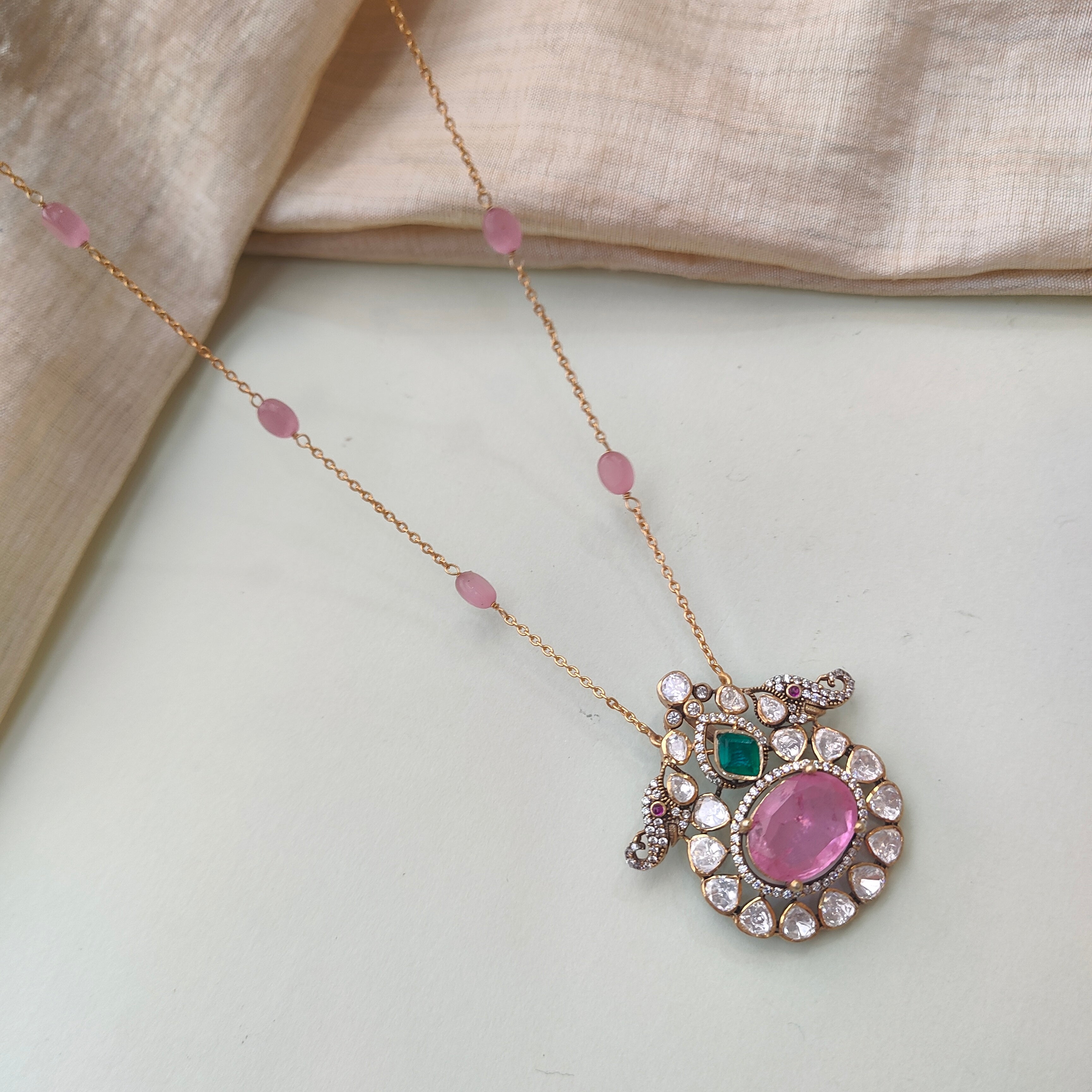 925 Silver Kundan Emerald Necklace With Earrings - 0165