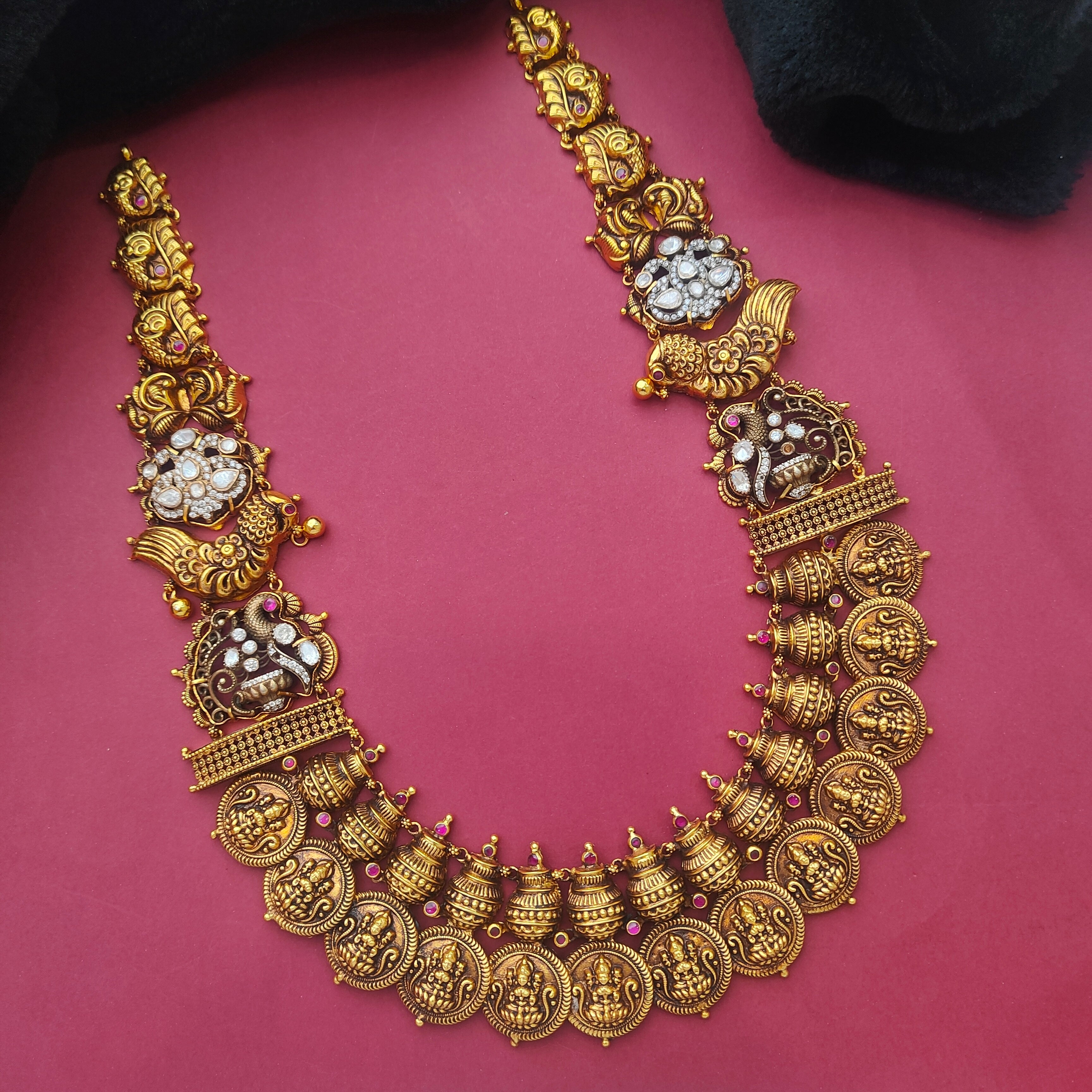 925 Silver Gold Plated Polki Lakshmi Ruby  Haram-0010