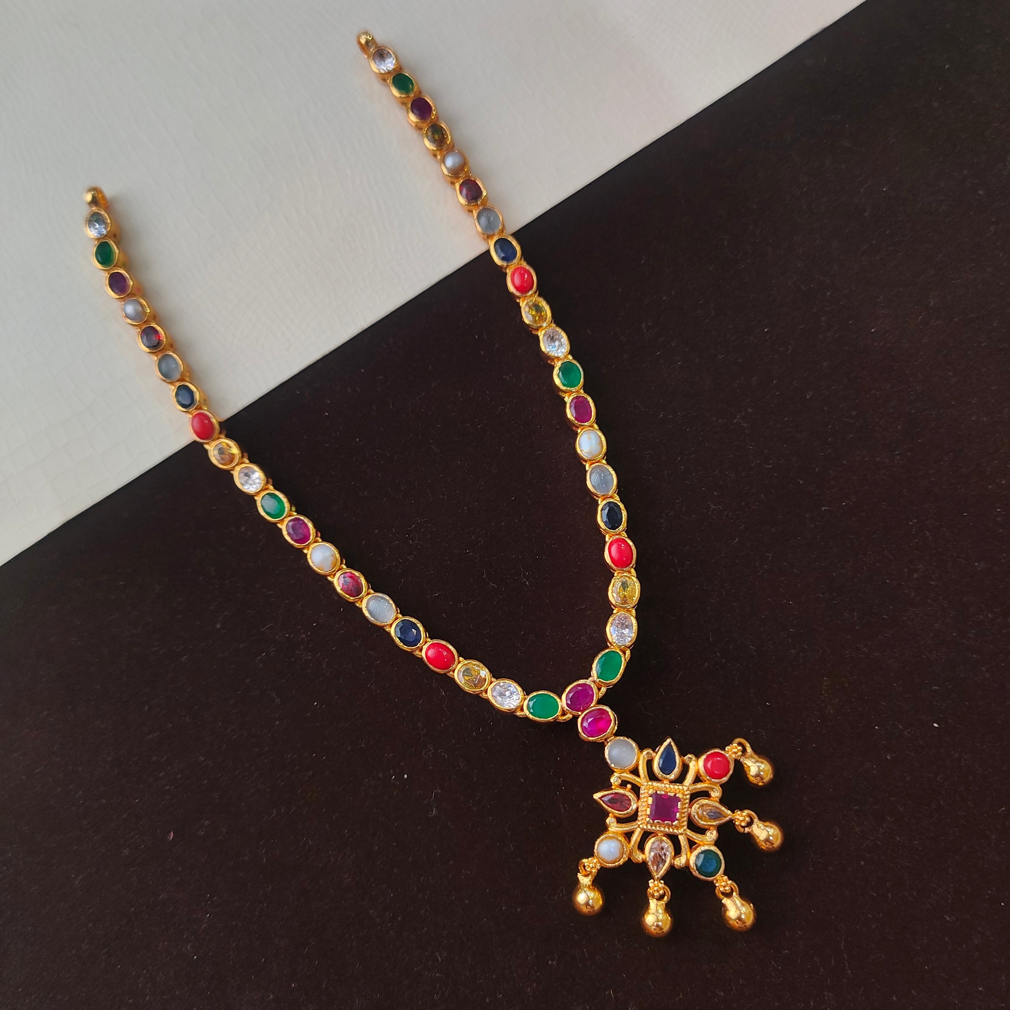 925 Silver Gold Plated  Dual Navaratna Necklace -0511