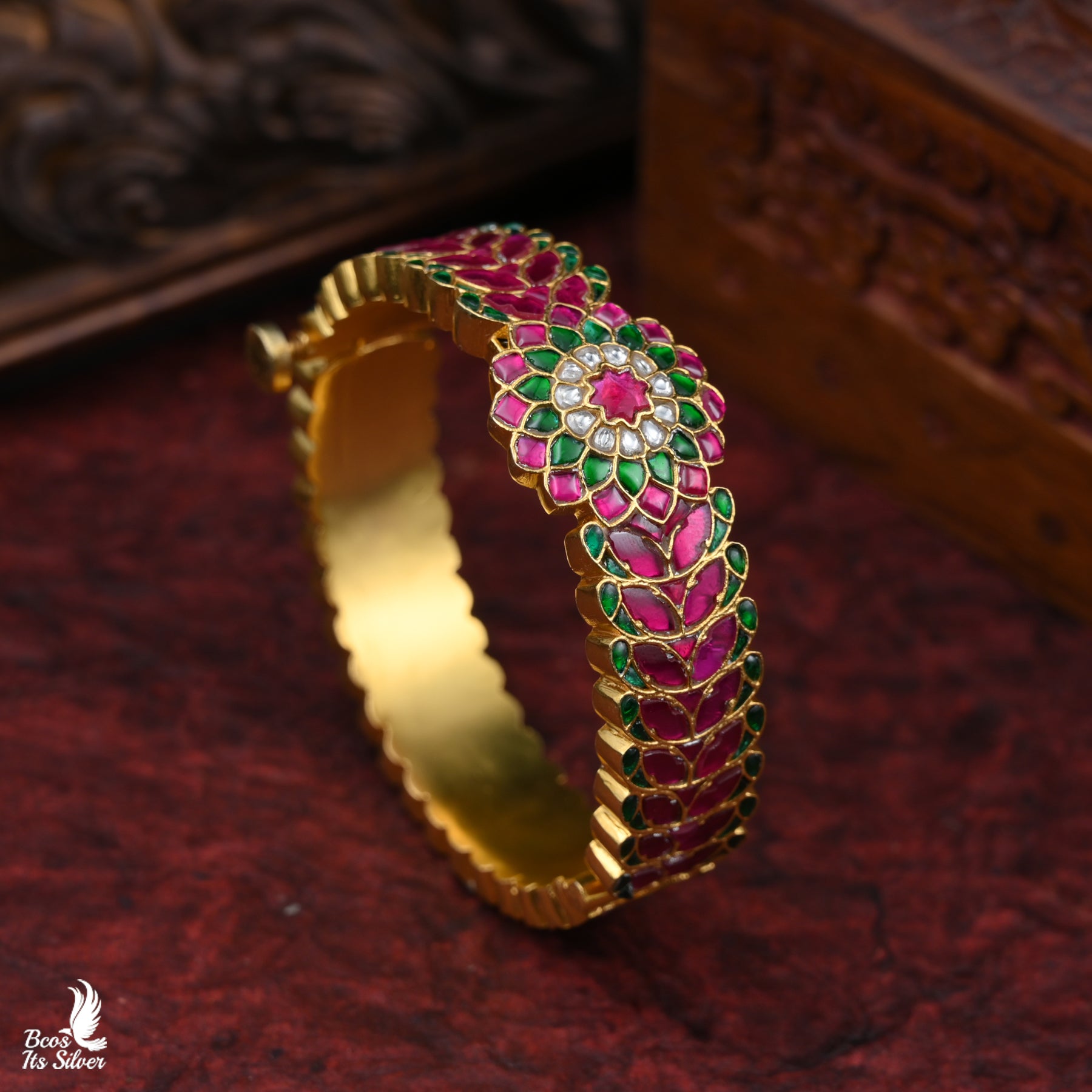 Gold Plated Kundan Bangle - 4561 - Size 2.5 With Screw