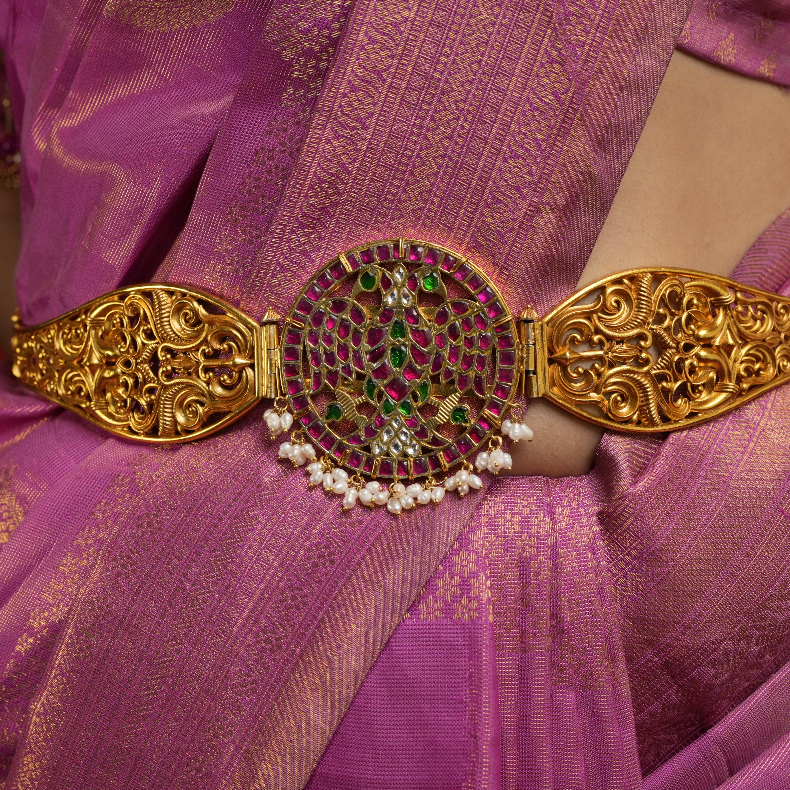 Pure 925 Silver Kundan Waist Belt -0056