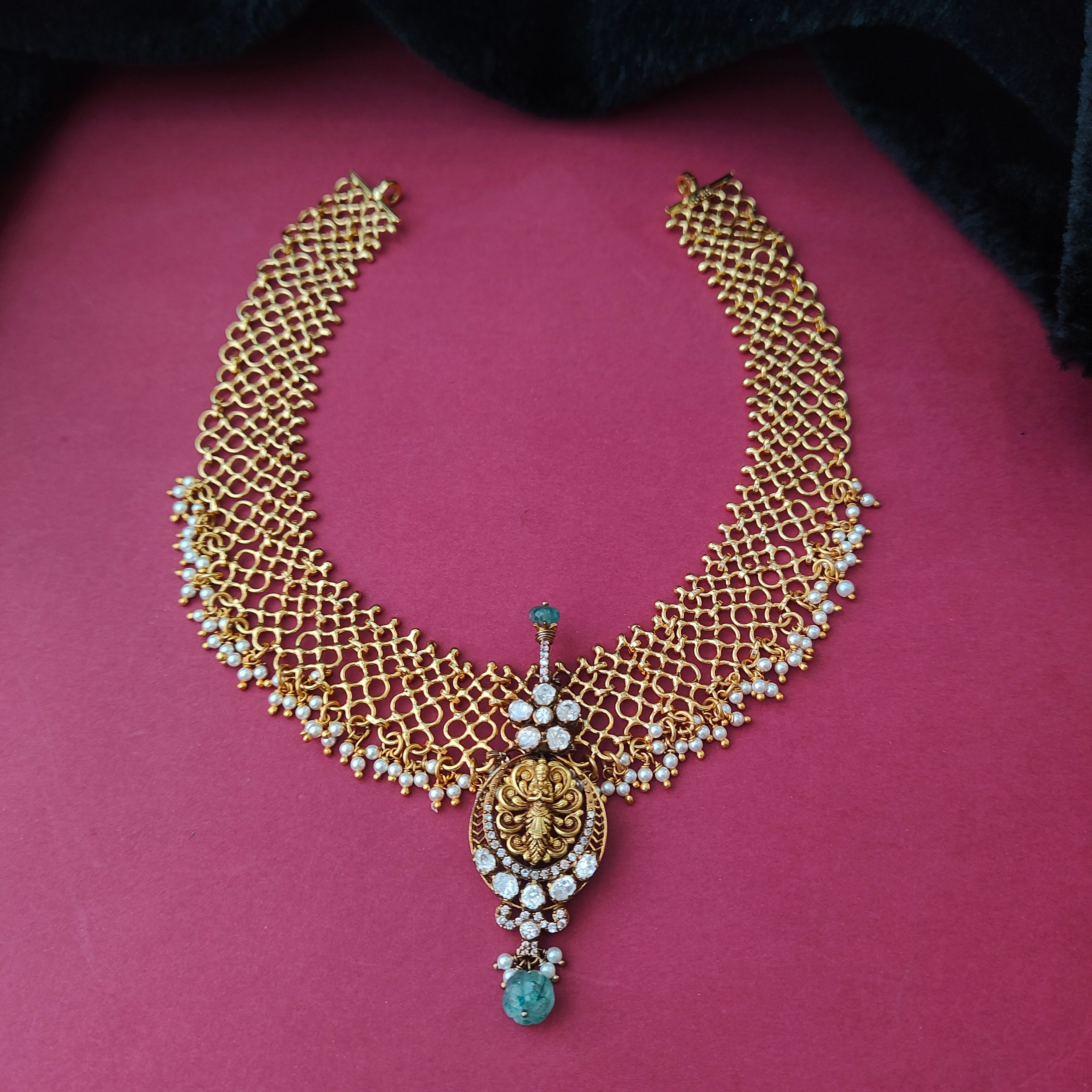 925 Silver Gold Plated Lakshmi Mesh Necklace -0038