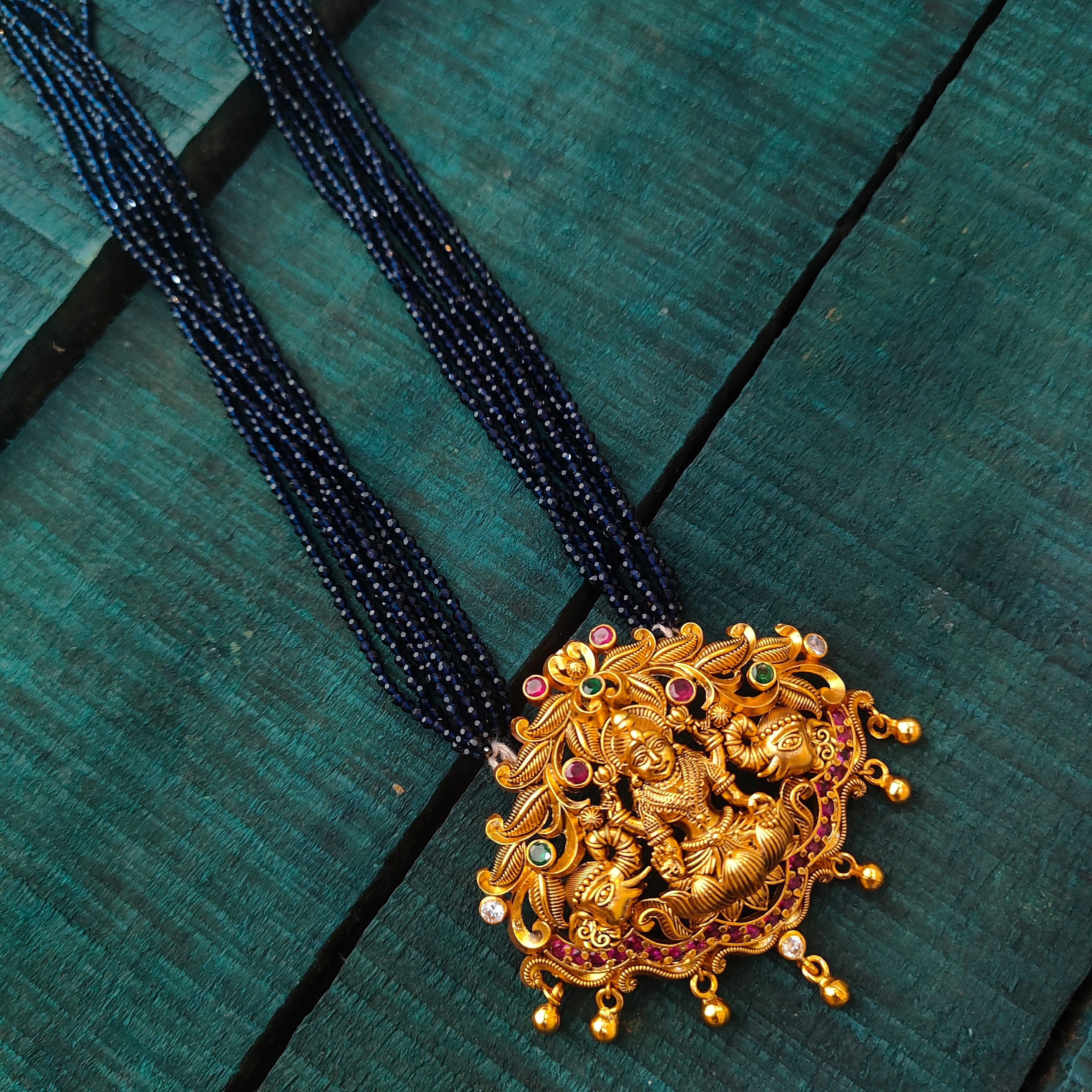 925 Silver Lakshmi Pendant with Beads Haram -1453