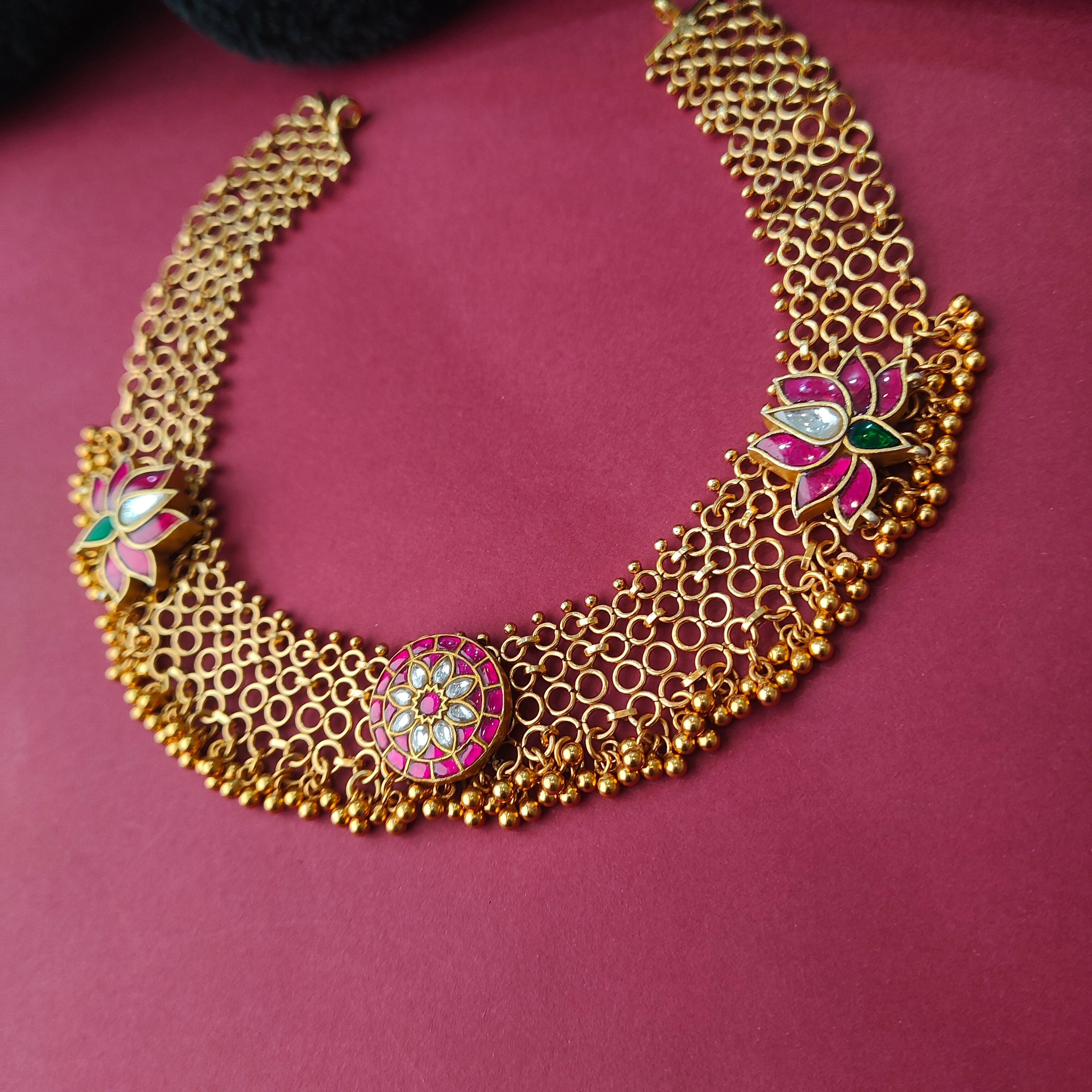 925 Silver Gold Plated Lotus Mesh Necklace -0042