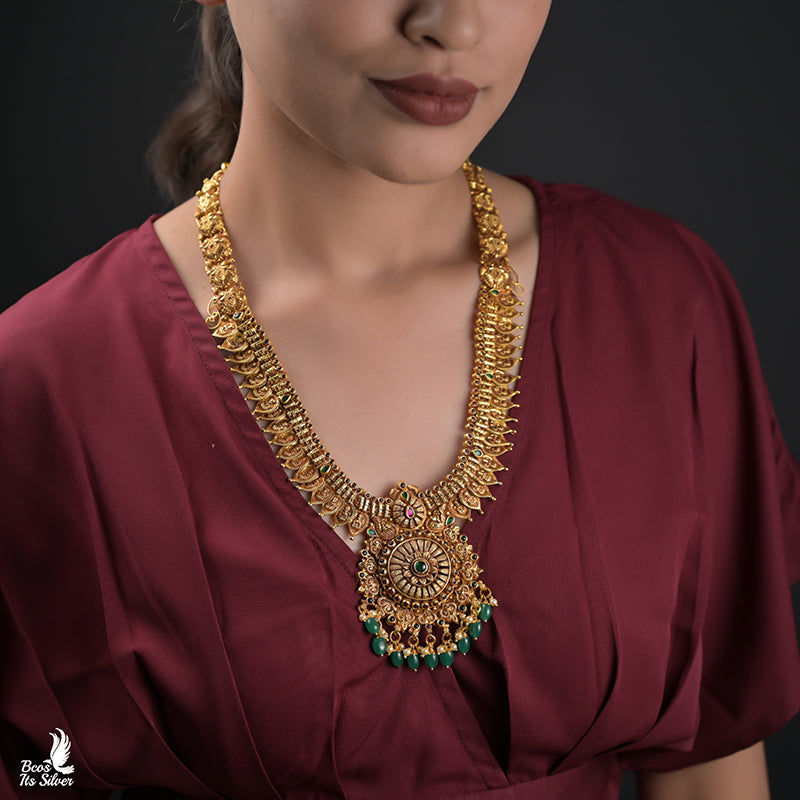 925 Silver gold plated Nakshi Leaf Haram -0192