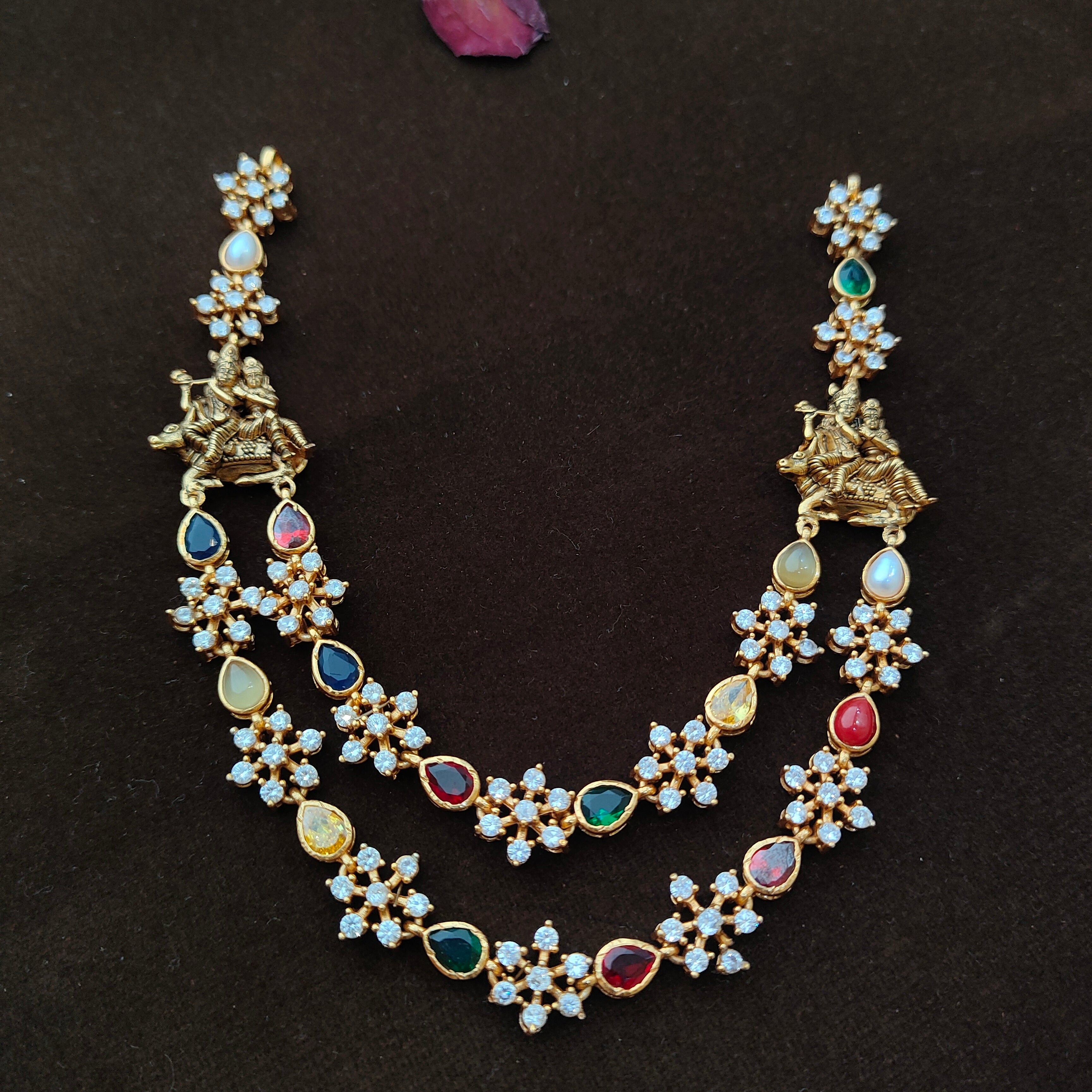 925 Silver Krishna Radha Navaratna Necklace set- 1462