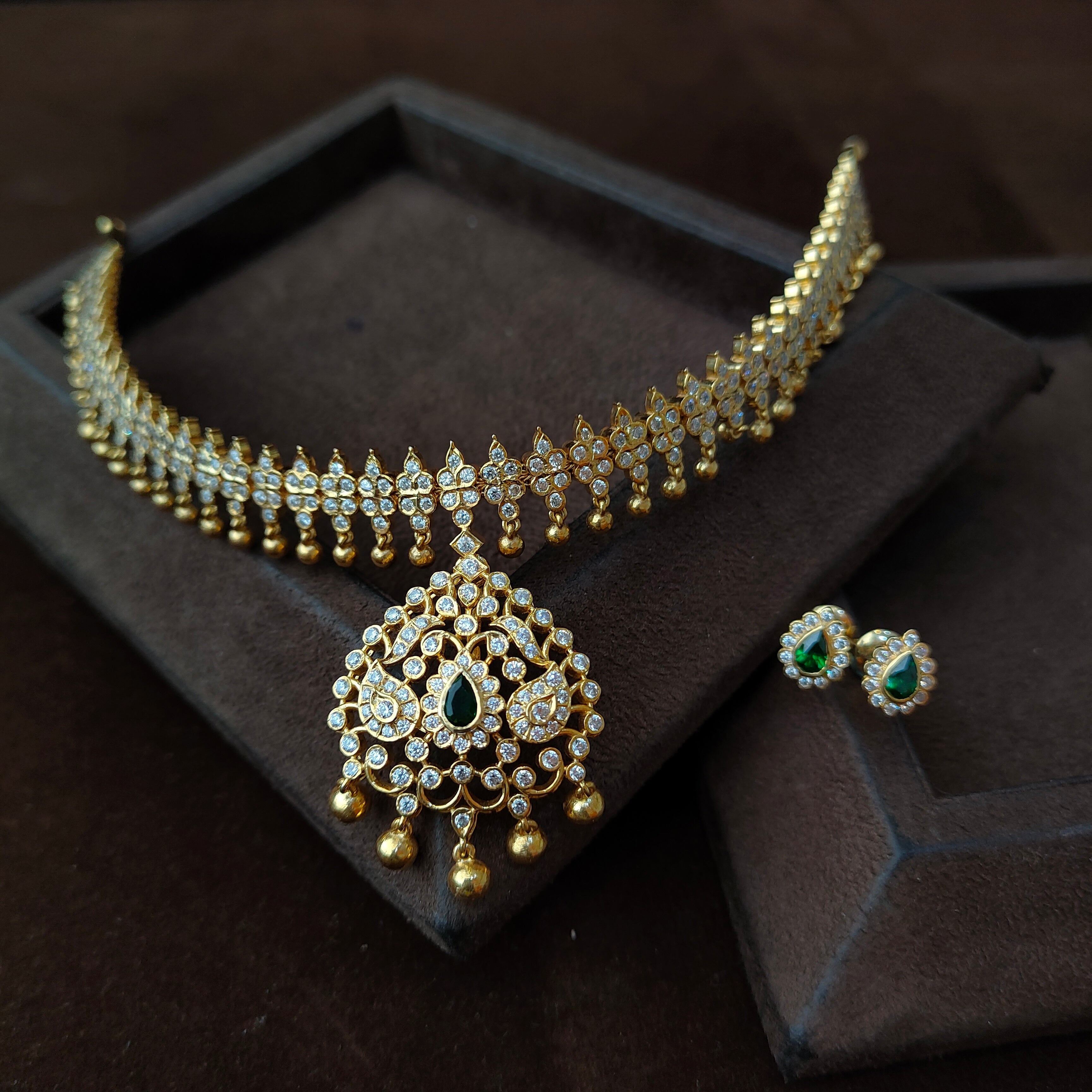 925 Gold plated  Padmini Attigai Necklace set-5559 - ( MADE TO ORDER )