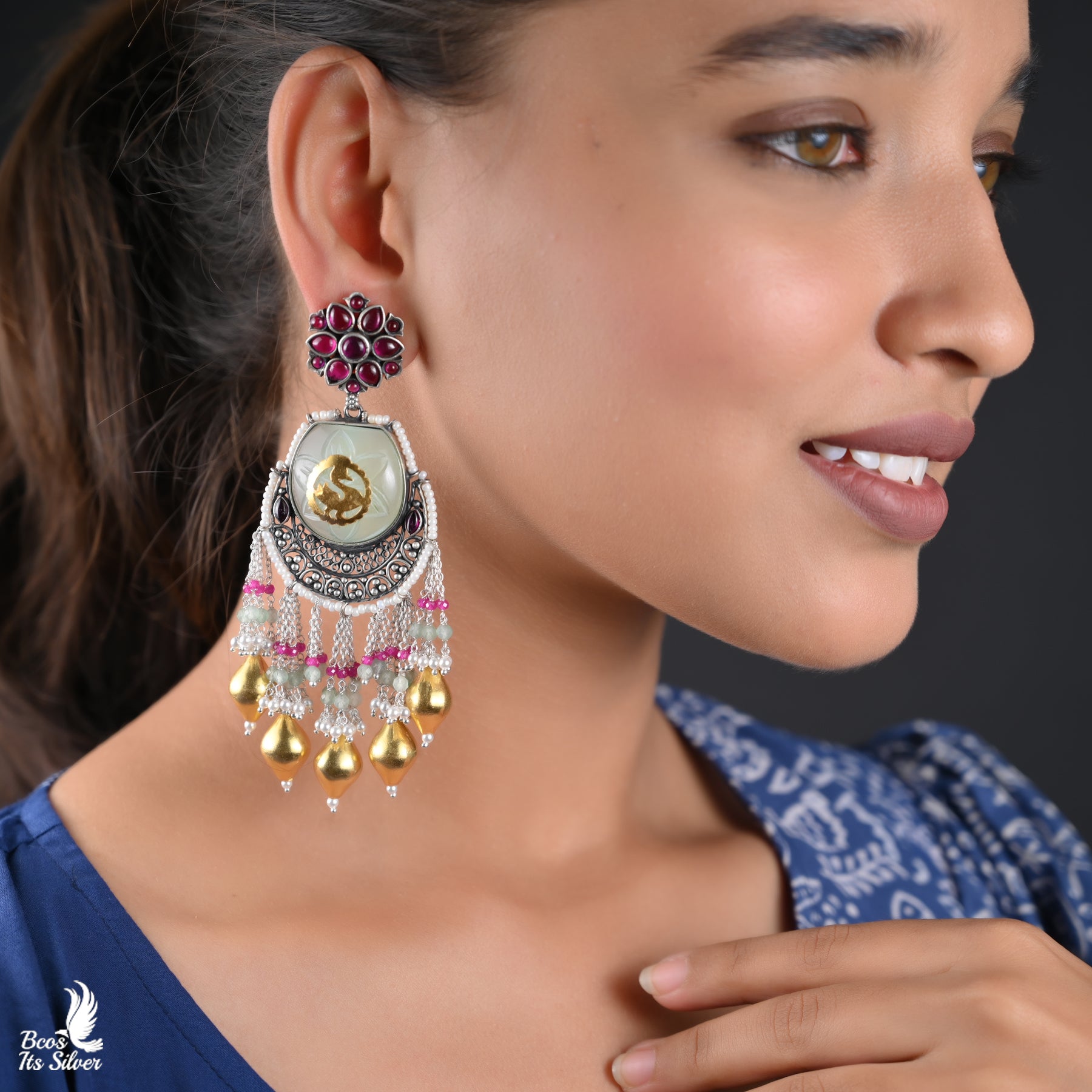 Pure 925 Silver Dual tone Chandbali Earring - 5056