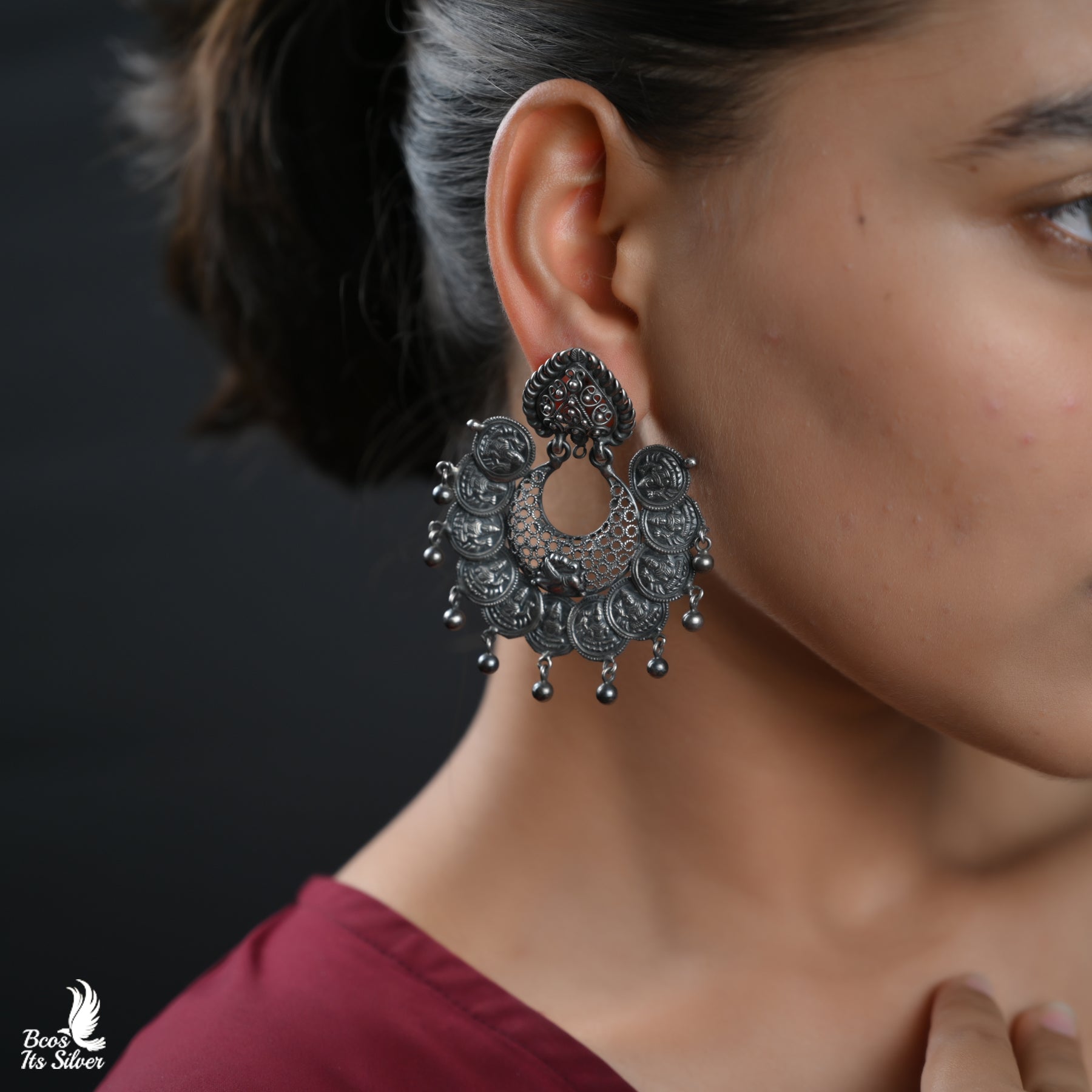 Pure 925 Silver Oxidized Coin Chandbali - 3133