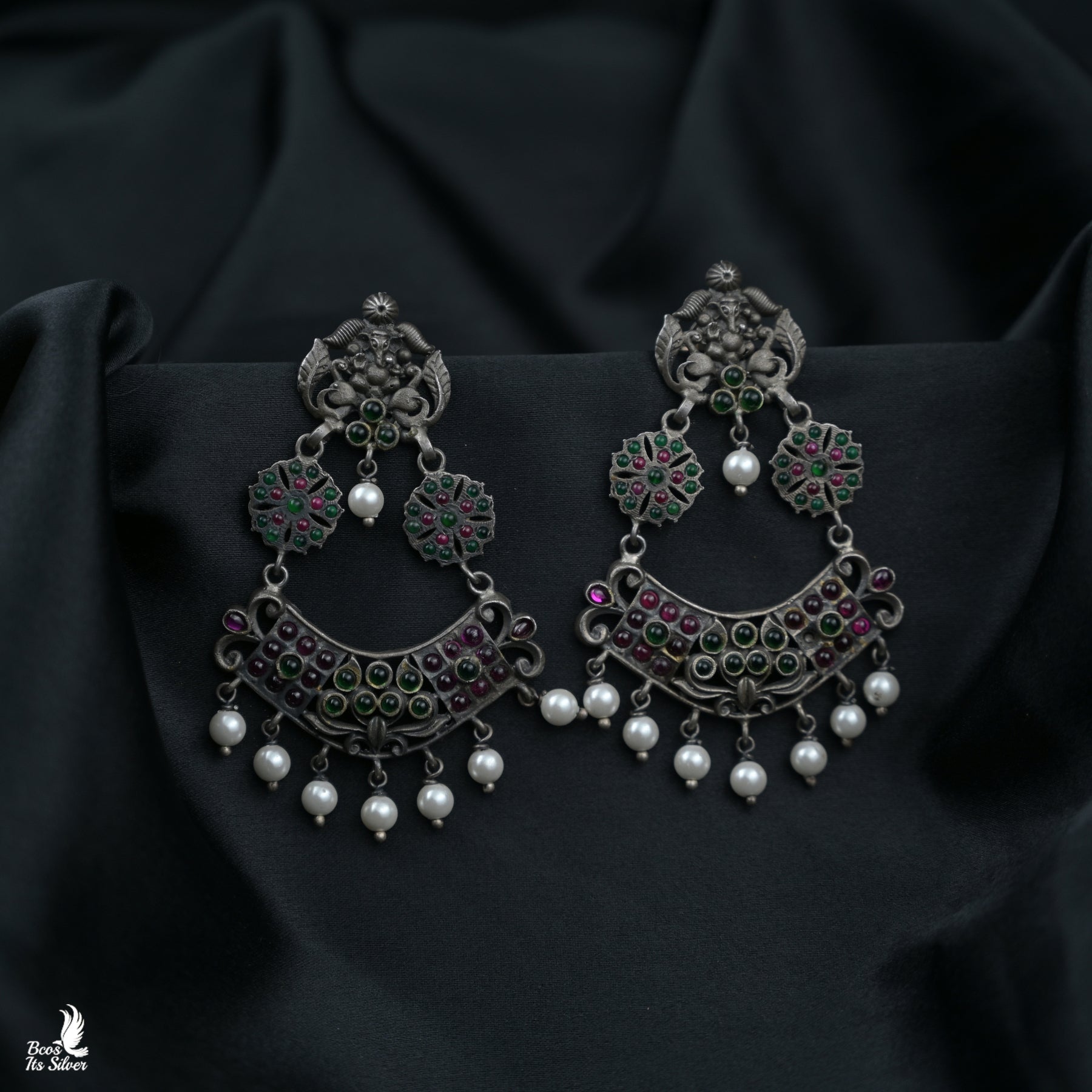Pure 925 Silver Oxidized Ganesh Chandbali - 1333