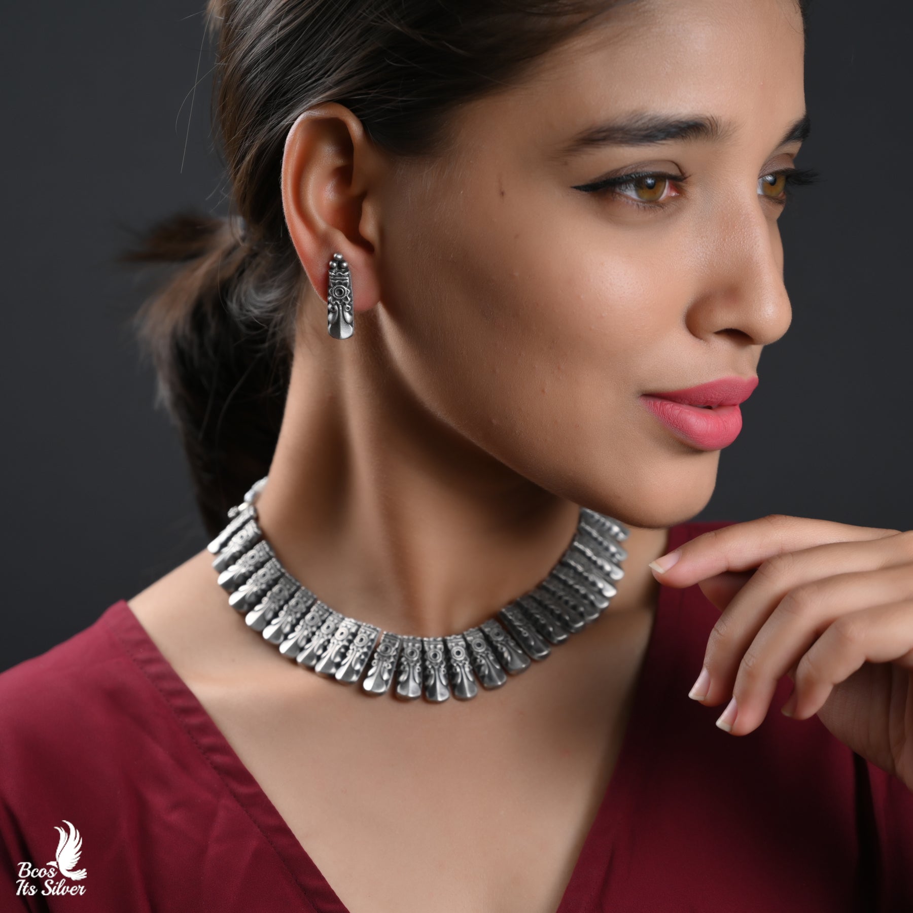 Pure 925 Silver Oxidized Neckpiece With Stud - 5983