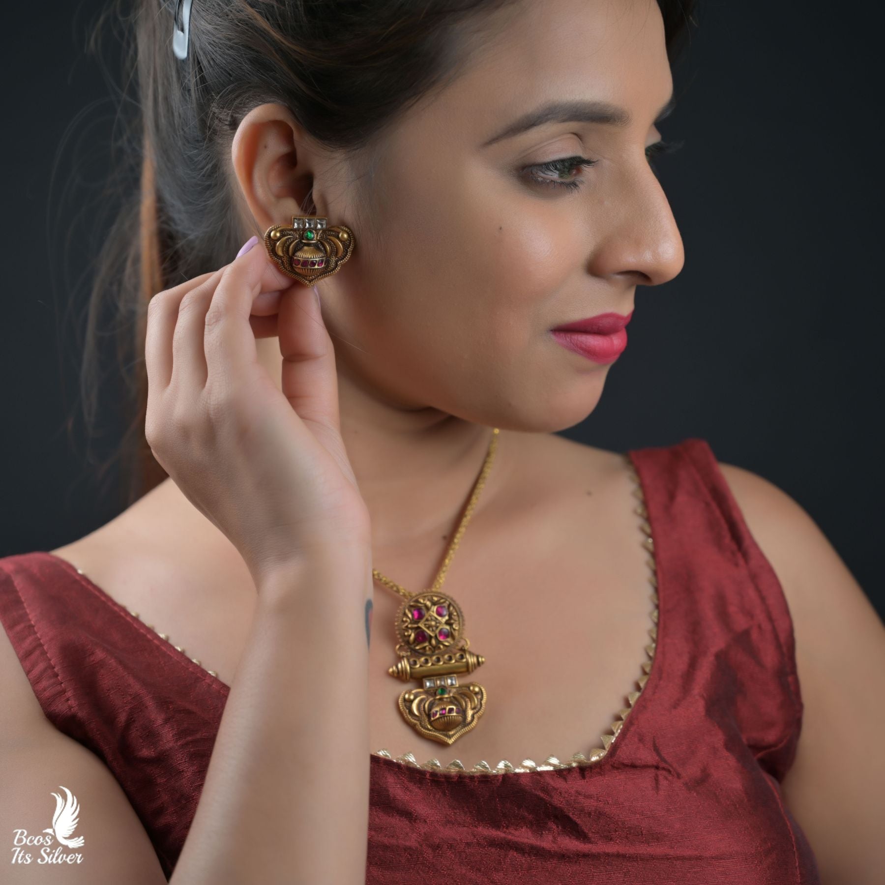 Pure Silver 92.5 Gold Plated Pendant with Earring - 8283