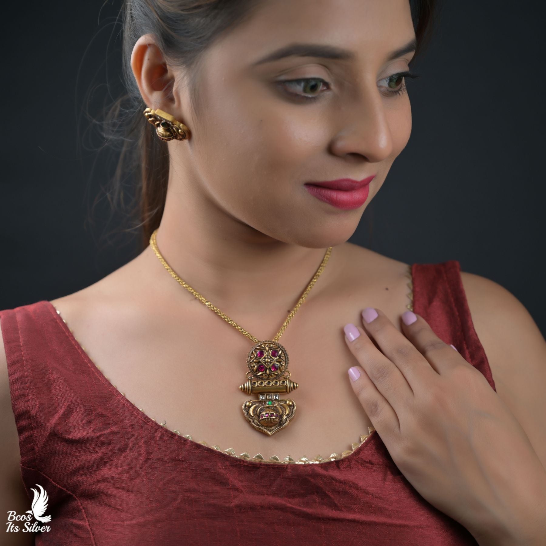 Pure Silver 92.5 Gold Plated Pendant with Earring - 8283