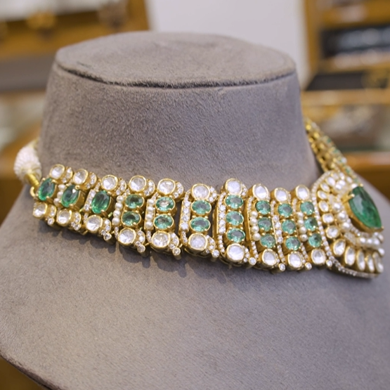 925 Silver Victorian Emerald Polki Necklace -1290 (MADE TO ORDER)