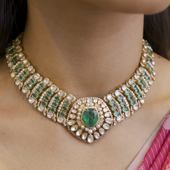 925 Silver Victorian Emerald Polki Necklace -1290 (MADE TO ORDER)