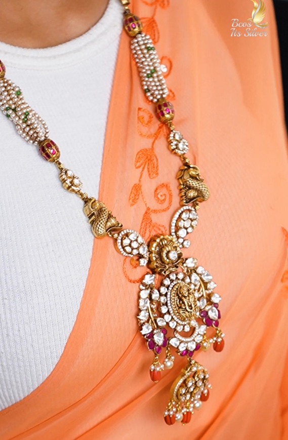 925 Silver Victorian Polki Nakshi Haram  - 5117