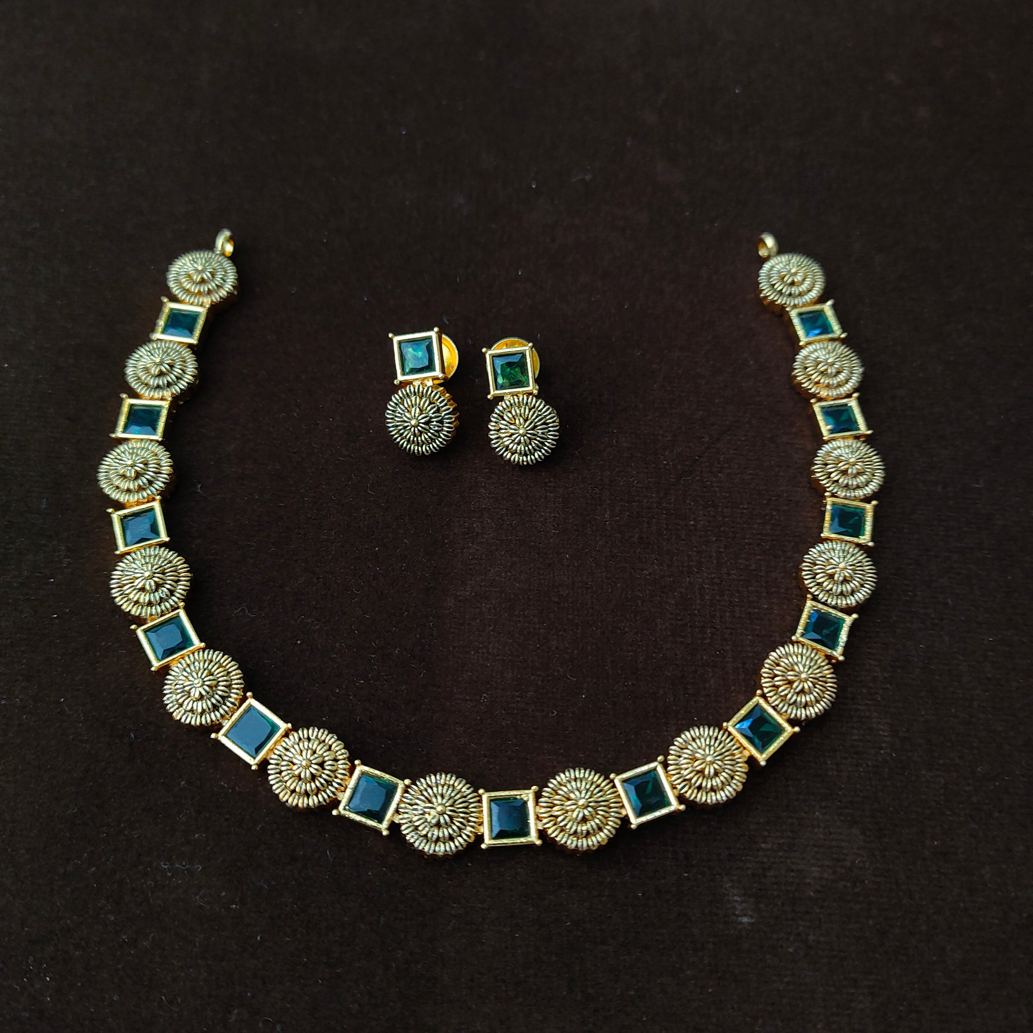 925 Silver Gold Plated Square Floral Necklace Set-5589