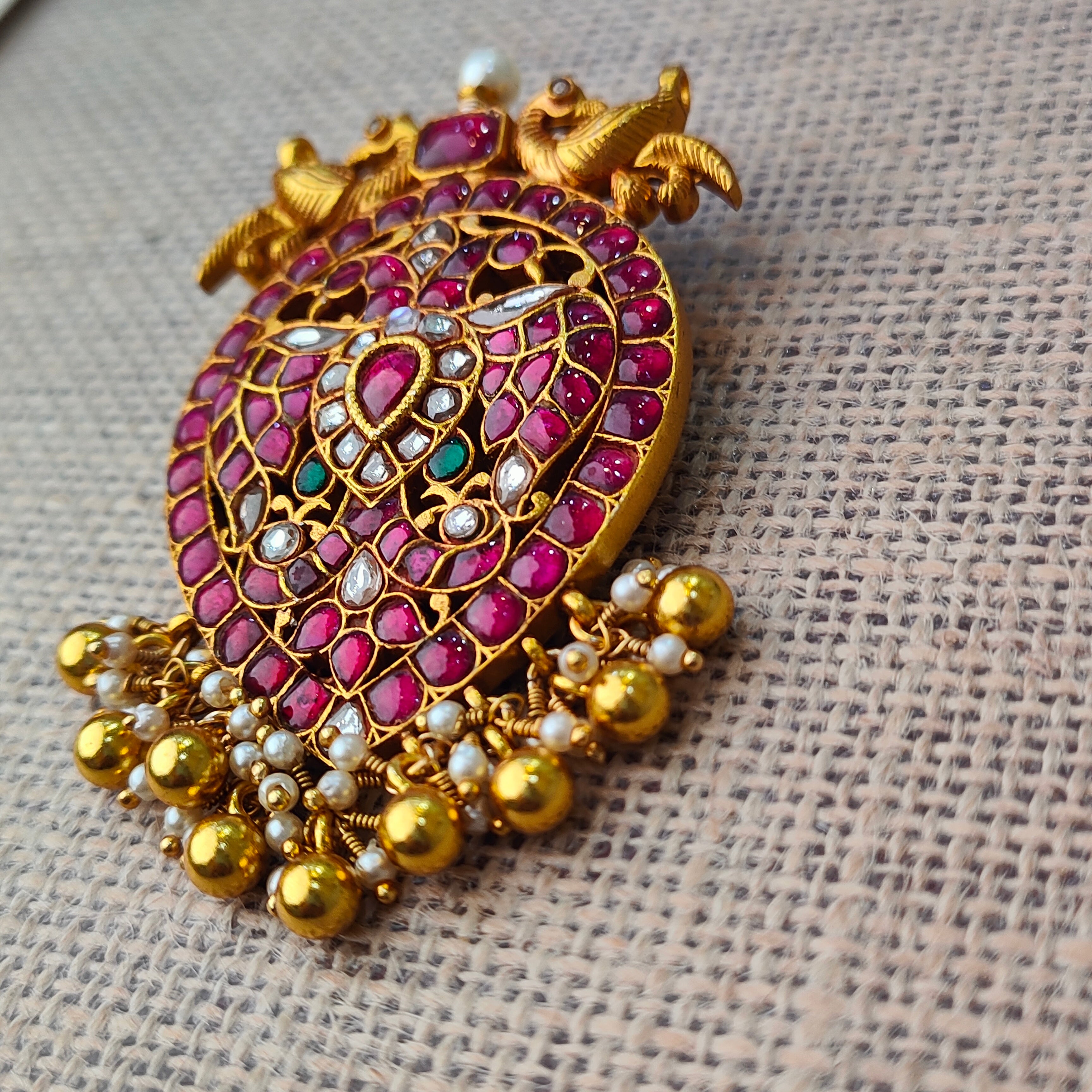 925 Silver Twin Peacock Kundan Pendant- 5588