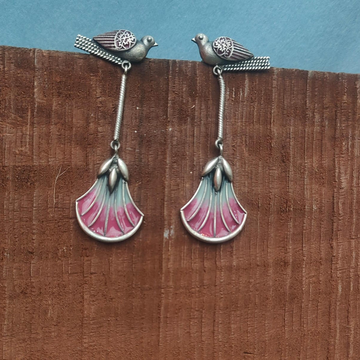 Silver oxidized Earring with Meenakari Sparrow 92.5 Earring-0257