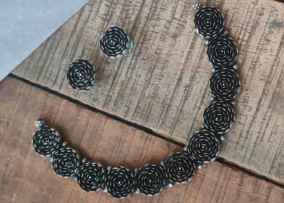 Silver 92.5 Oxidized Necklace With Earrings -0279