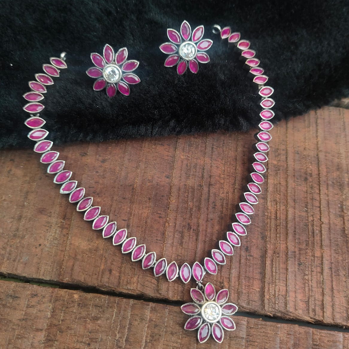 Silver 92.5 Oxidized Necklace With Earrings  -0271