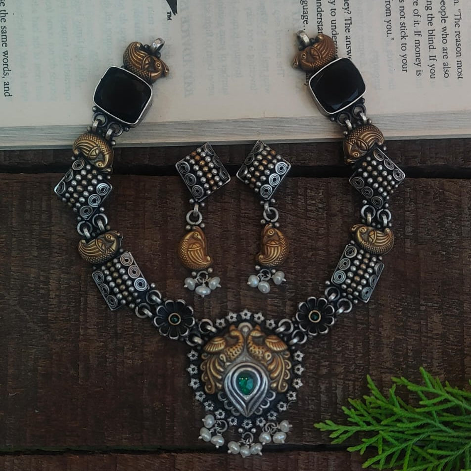 Silver 92.5 Oxidized Necklace With Earrings  -0278