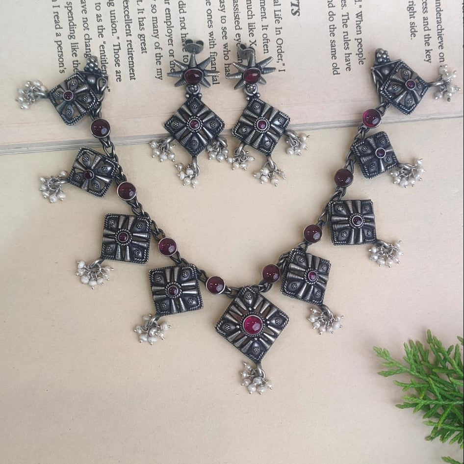 Silver 92.5 Oxidized Necklace With Earrings -0273